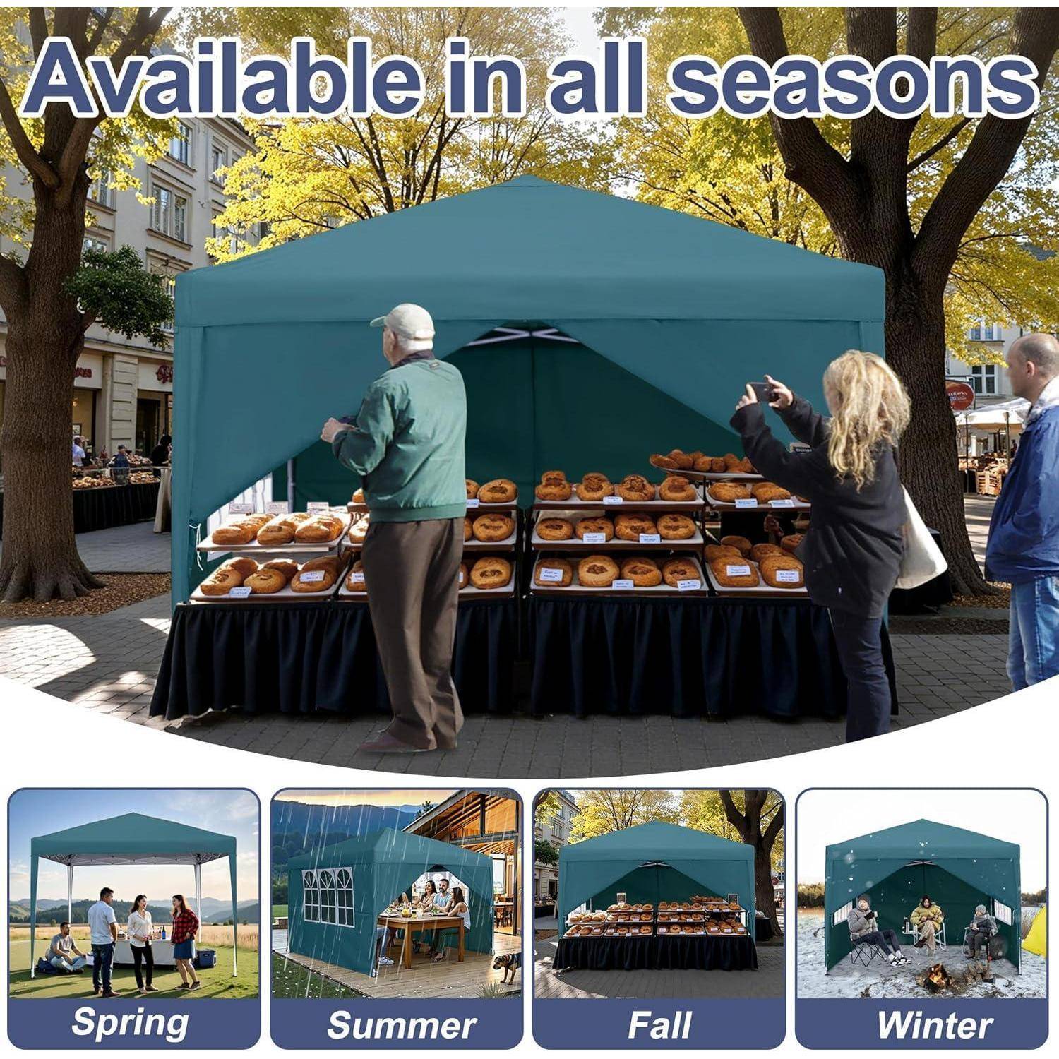 Marktstand im Freien mit blaugrünem Baldachin und Donuts, dargestellt als „Das ganze Jahr über erhältlich" mit vier saisonalen Beispielen: Frühling, Sommer, Herbst, Winter.