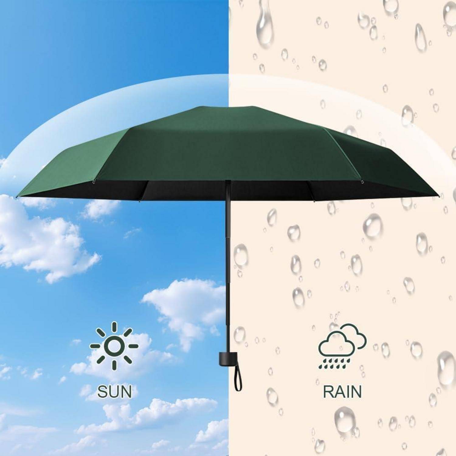 Regenschirm, der zwischen sonnigem Himmel und regnerischem Hintergrund aufgeteilt ist und symbolisiert Schutz vor Sonne und Regen.