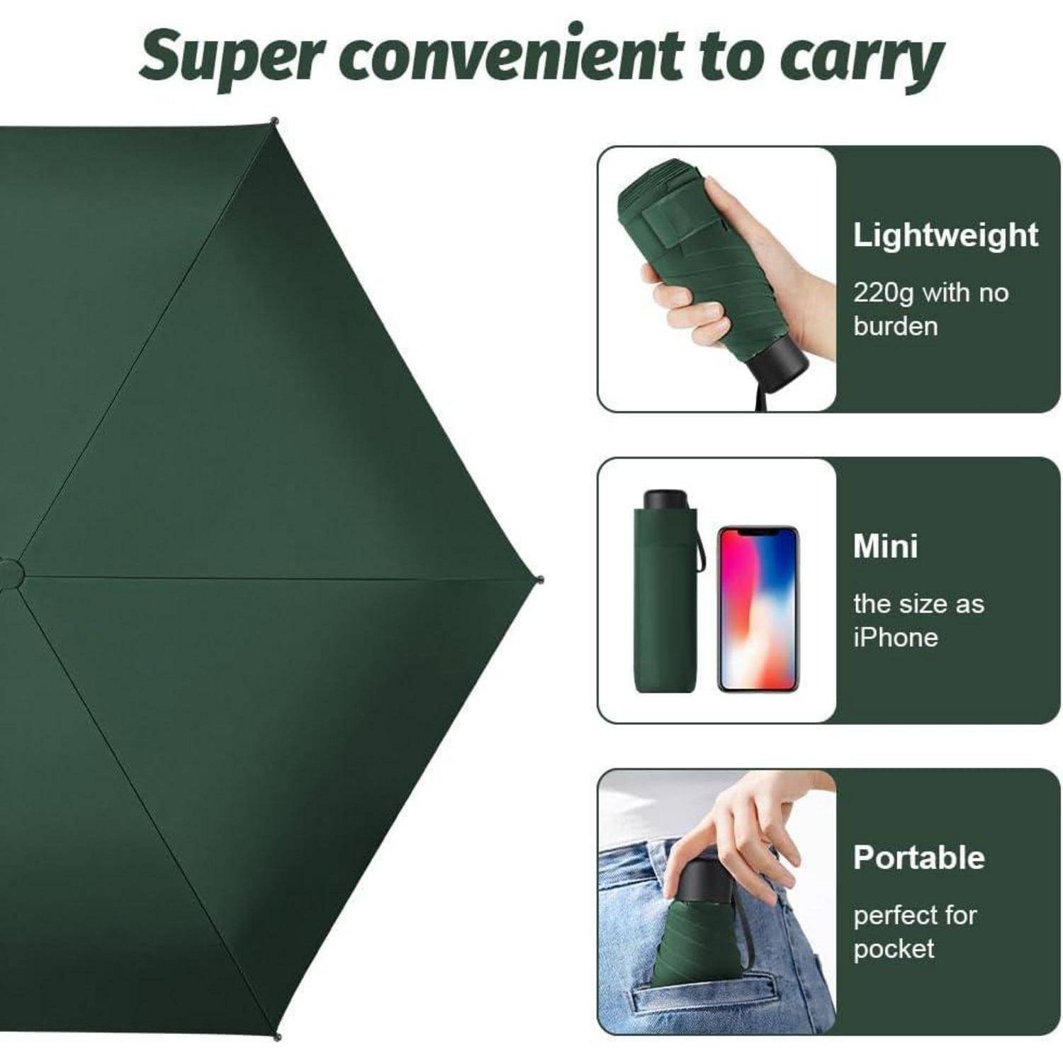 Werbegrafik eines kompakten grünen Regenschirms mit der Überschrift „Super bequem zum Mitnehmen