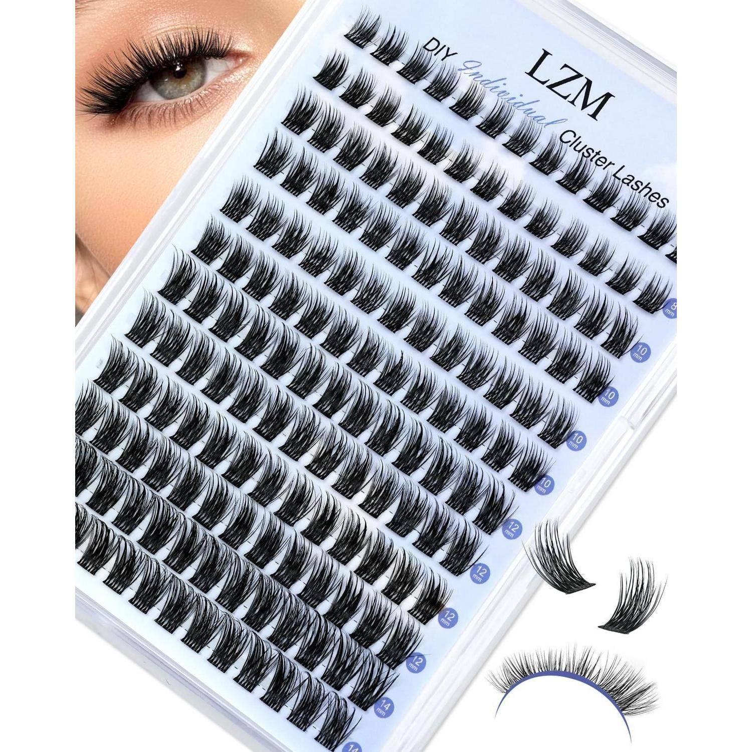 LZM DIY Wimperncluster in einem Tablett, gezeigt mit einer Nahaufnahme des Auges und Beispiel-Wimperncluster zum Auftragen.
