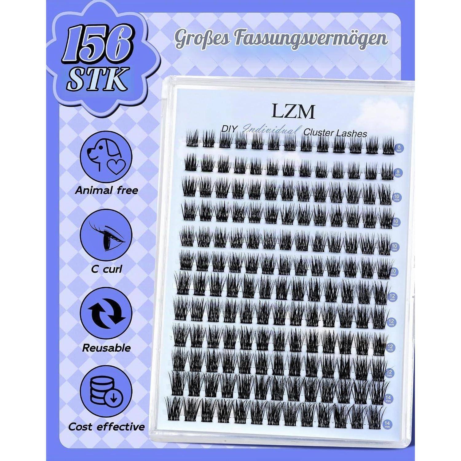 Paket mit LZM DIY Cluster-Wimpern mit 156 Stück, zeigt Symbole für tierversuchsfrei, C-Curl, wiederverwendbar und kostengünstig.