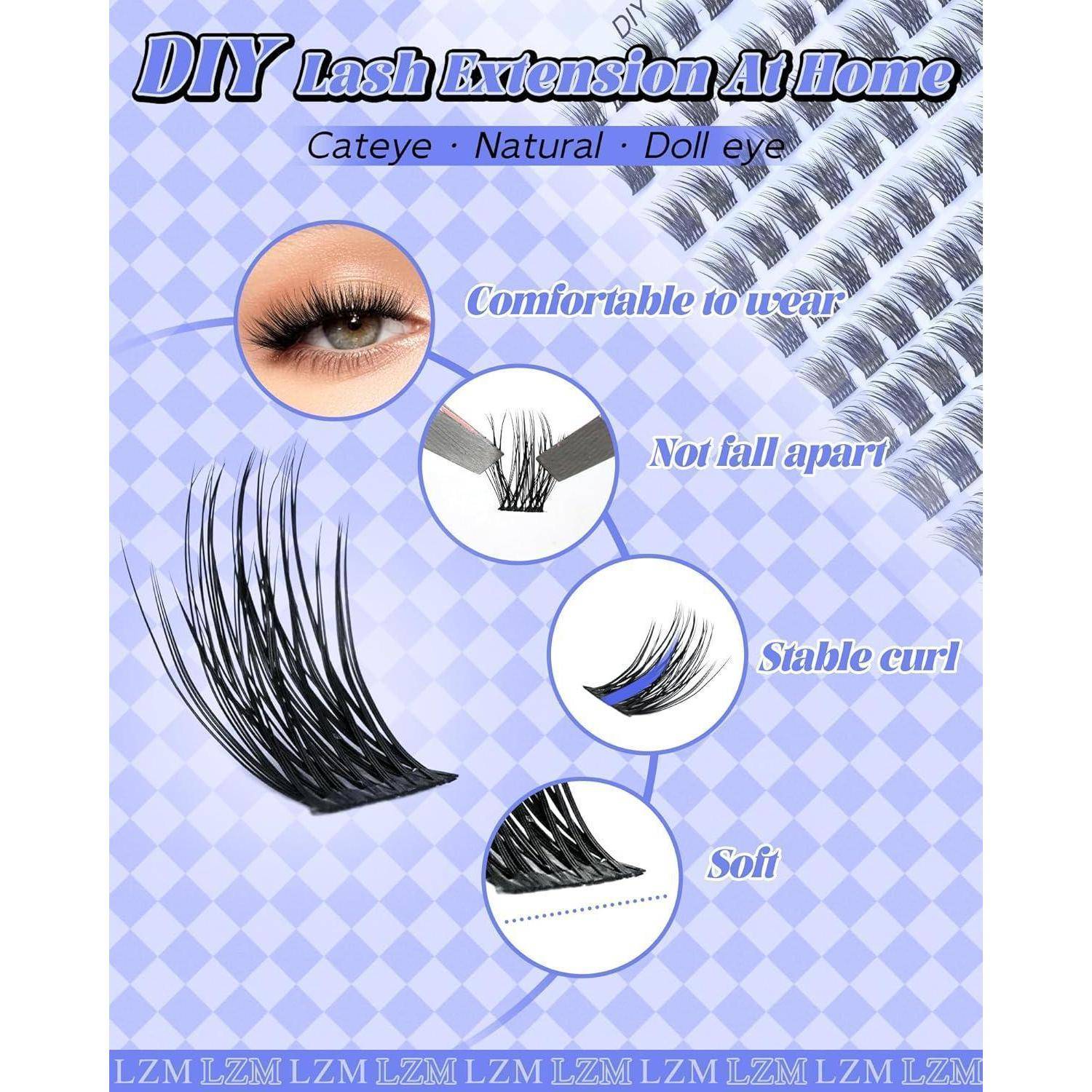 Werbeplakal für DIY-Wimpernverlängerungen zu Hause, das einen Wimpernstreifen und eine Nahaufnahme des Auges mit folgenden Aussagen zeigt: 'Bequem zu tragen', 'Fallen nicht auseinander', 'Stabiler Curl', 'Sofi', 'Katzenauge, Natürlich, Puppenaugen