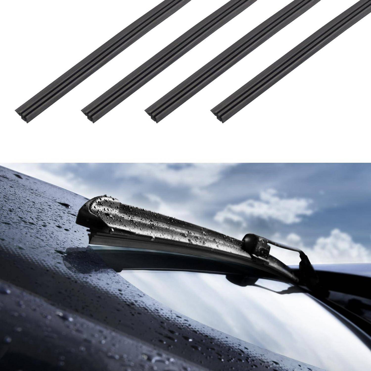 Drei schwarze Scheibenwischergummis über einem Wischer, der Regen von einer Autoscheibe wischt