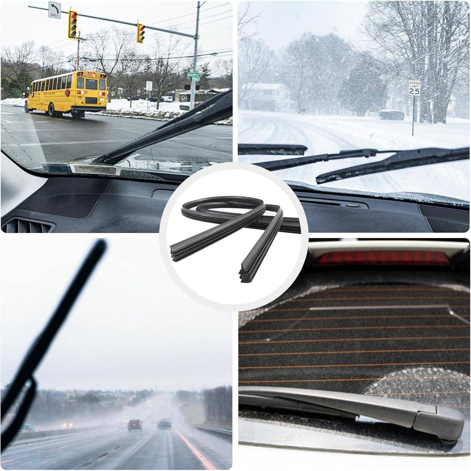 Collage mit Scheibenwischerblättern, die Regen und Schnee unter verschiedenen Fahrbedingungen abwischen, mit einer Nahaufnahme von Ersatzwischern in der Mitte.