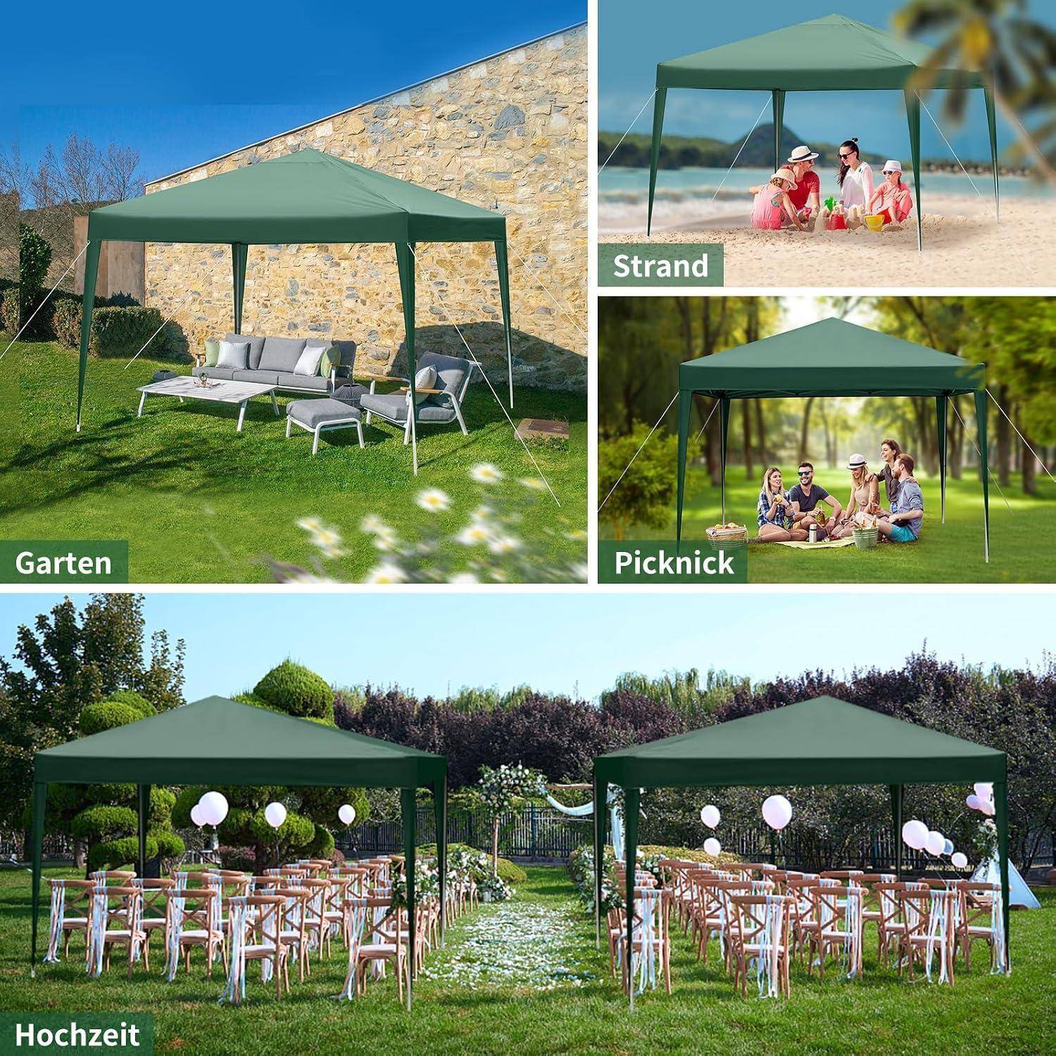 Collage mit einem grünen Pop-up-Pavillon, der in einem Garten, am Strand, bei einem Picknick und bei einer Hochzeitsfeier verwendet wird.