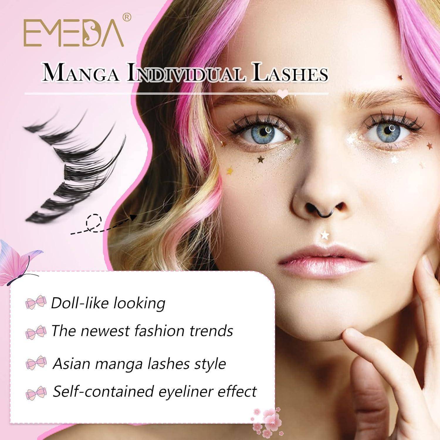 Anzeige für MEBA Manga-Einzelwimpern, mit dem Gesicht einer Frau und einem Wimpernbüschel mit folgenden Aussagen: Puppenartiger Look, Modetrends, Asiatischer Manga-Stil, Selbstenthaltendes Eyeliner-Effekt.