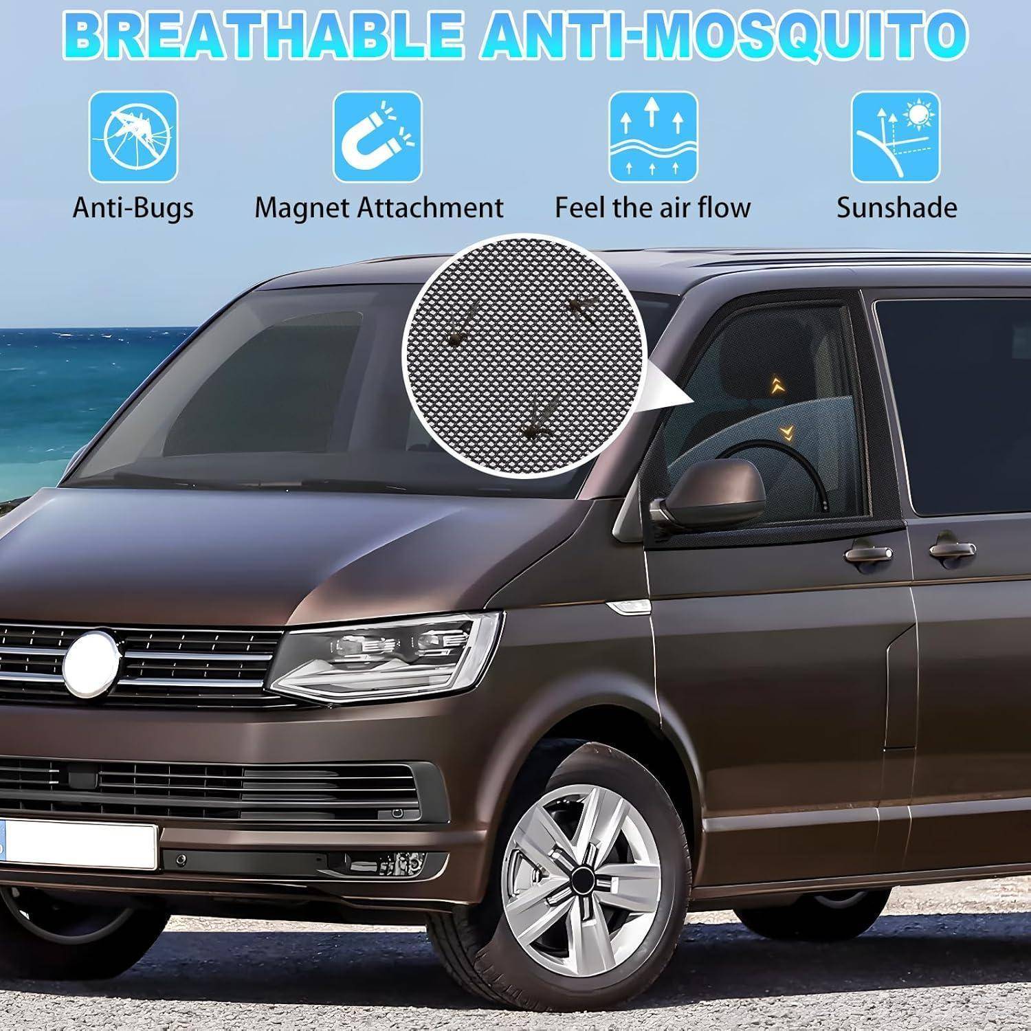 Brauner Lieferwagen mit atmungsaktivem Anti-Mücken-Magnetfenster-Fliegengitter; Werbegrafik hebt Anti-Insektenschutz, Luftzirkulation und Sonnenschutz hervor.