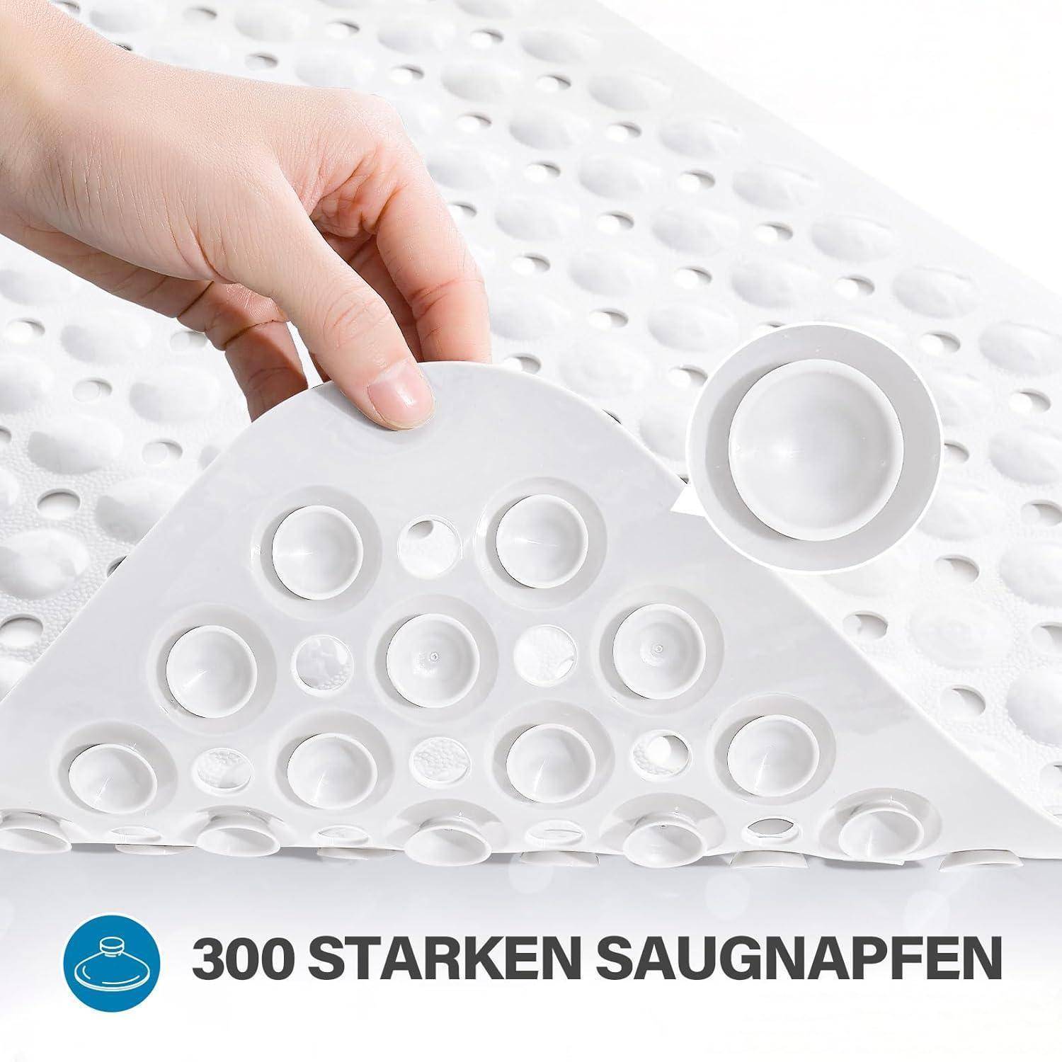 Hand, die eine weiße Silikon-Saugmatte mit vielen becherförmigen Griffen hält; Text liest „300 STARKEN SAUGNAPFEN