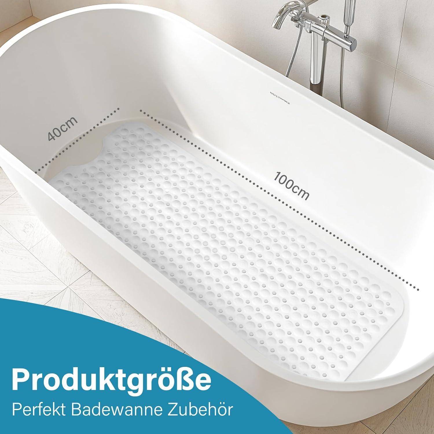 Weiße rutschfeste Badewannenmatte in einer Badewanne, mit den Maßen 100 cm x 40 cm gekennzeichnet, mit deutschem Text „Produktgröße