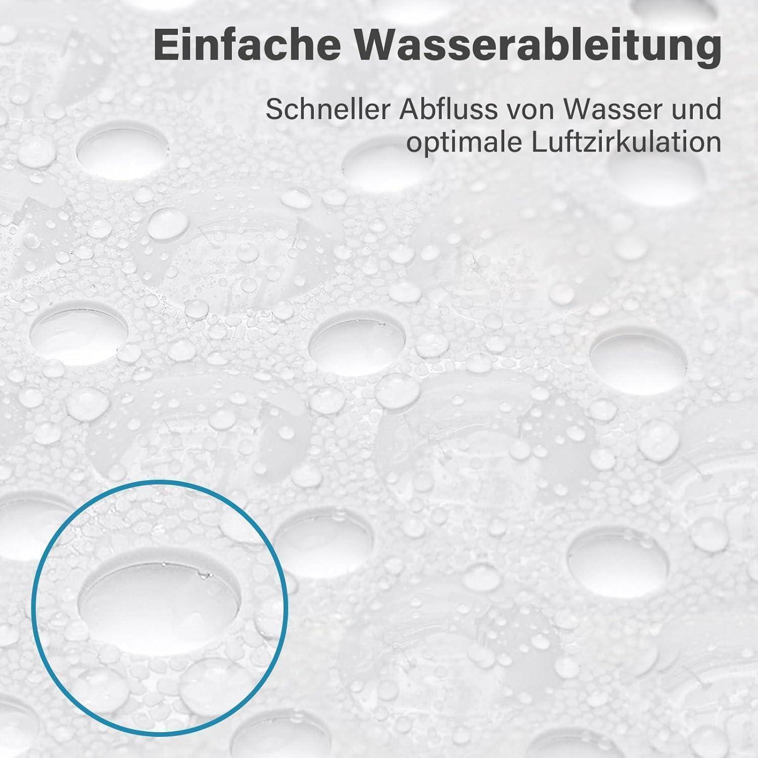 Wassertropfen perlen auf einer strukturierten weißen Oberfläche ab; ein hervorgehobener Kreis zeigt eine einfache Wasserableitung. Deutscher Text sagt „Einfache Wasserableitung