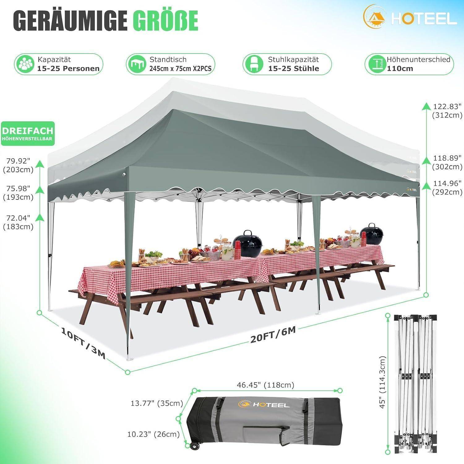 Produktabbildung eines großen grünen Pop-up-Baldachins über Picknicktischen, mit Abmessungen, Kapazität für 15–25 Personen und Tragetasche mit zusammengeklapptem Gestell.