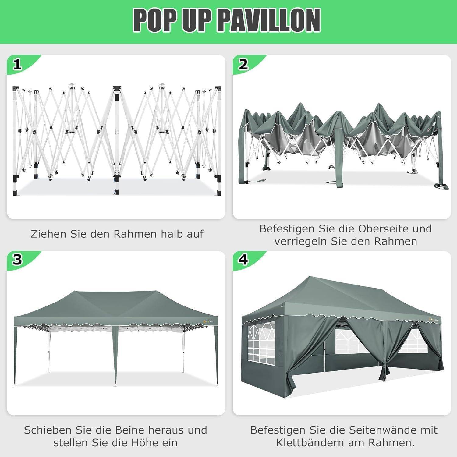 Vier-Schritt-Anleitung zum Aufbau eines Pop-up-Pavillons mit Rahmenerweiterung, Dachabdeckung, ausziehbaren Beinen und seitlichen Wänden, um ein grünes Zeltdach zu bilden.