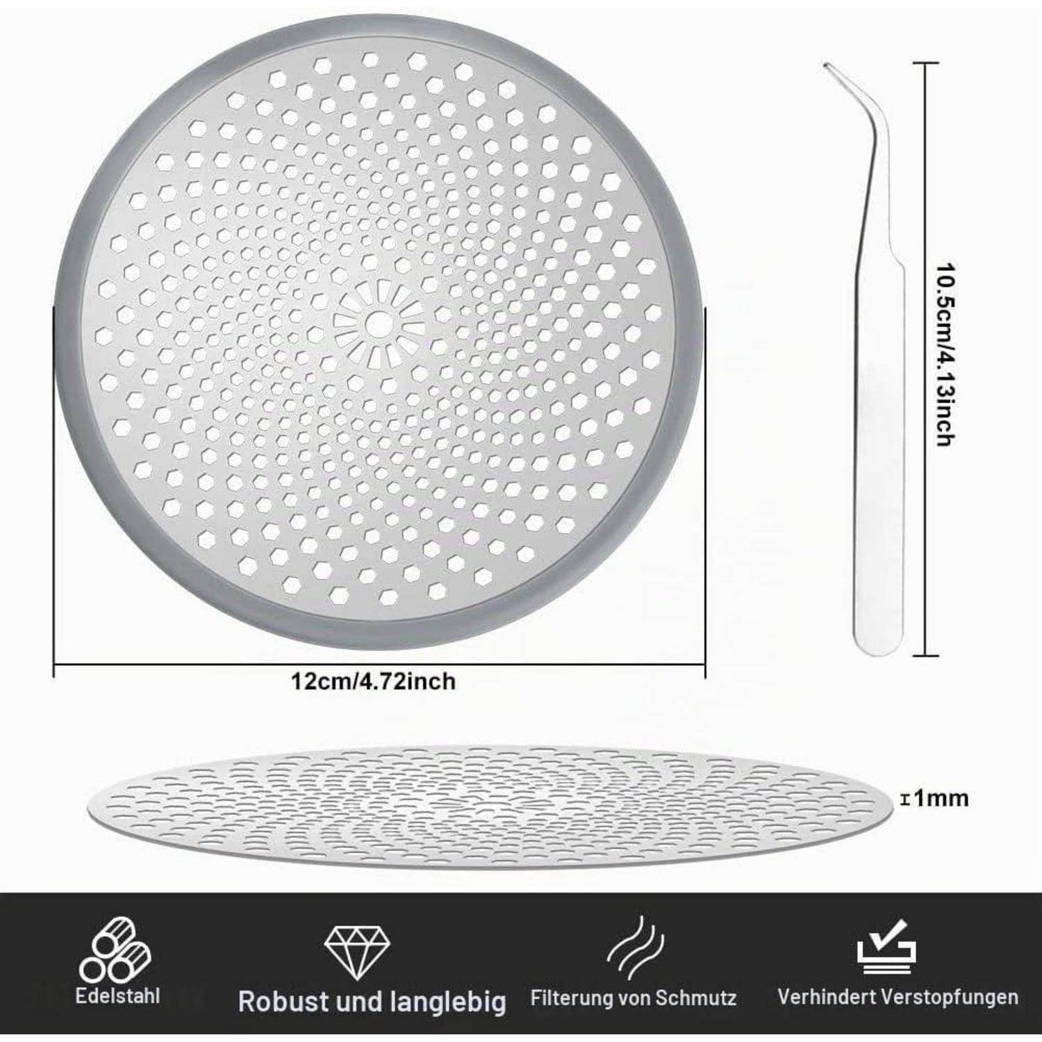 Rundes perforiertes Edelstahl-Spülensieb, 12 cm breit und 10,5 cm hoch, shown in Vorder-, Seiten- und Profilansichten mit deutschen Beschriftungen für Haltbarkeit und Verstopfungsprävention.