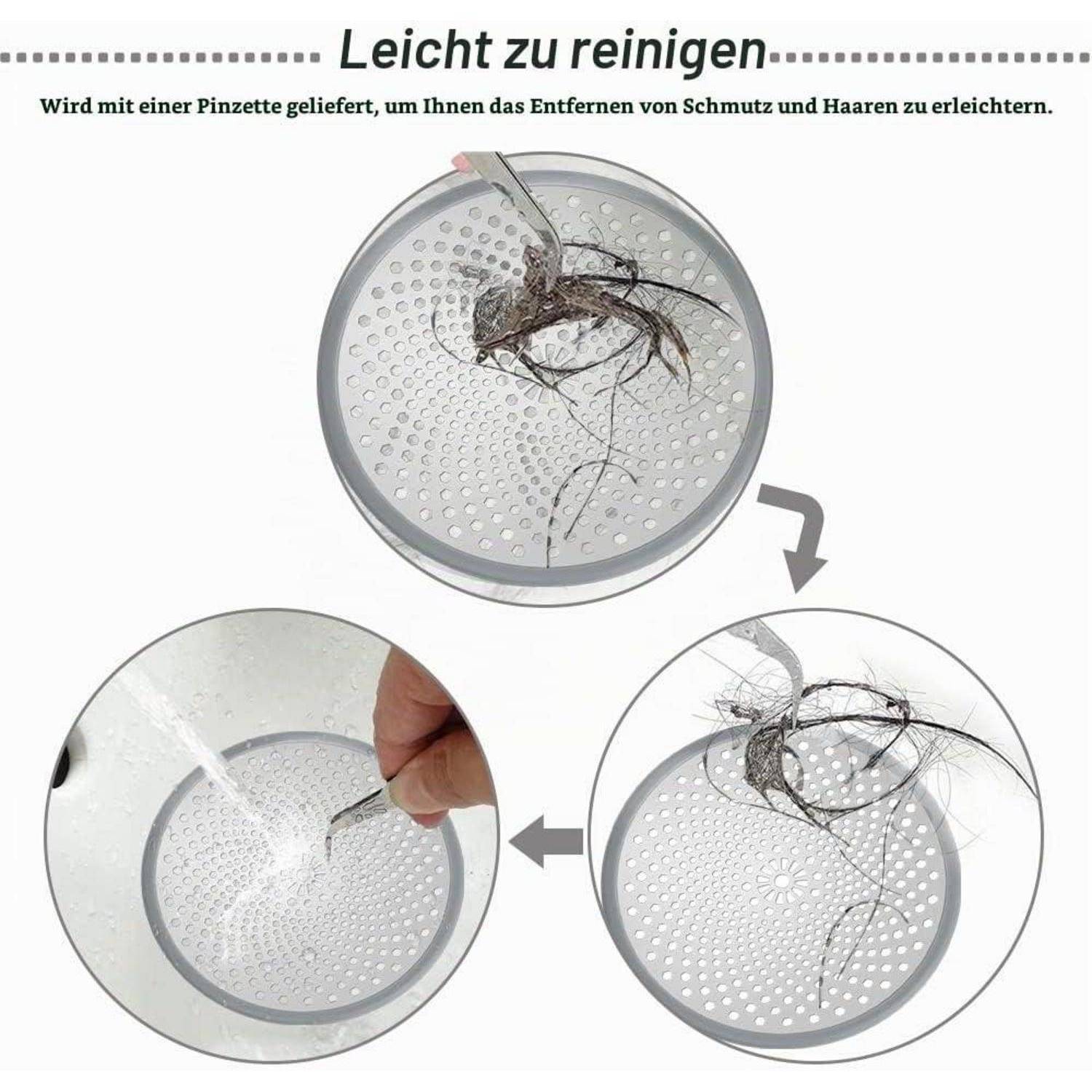 Infografik zeigt ein Haarsieb-Sieb, das mit einer Pinzette gereinigt wird; deutscher Text sagt „Leicht zu reinigen