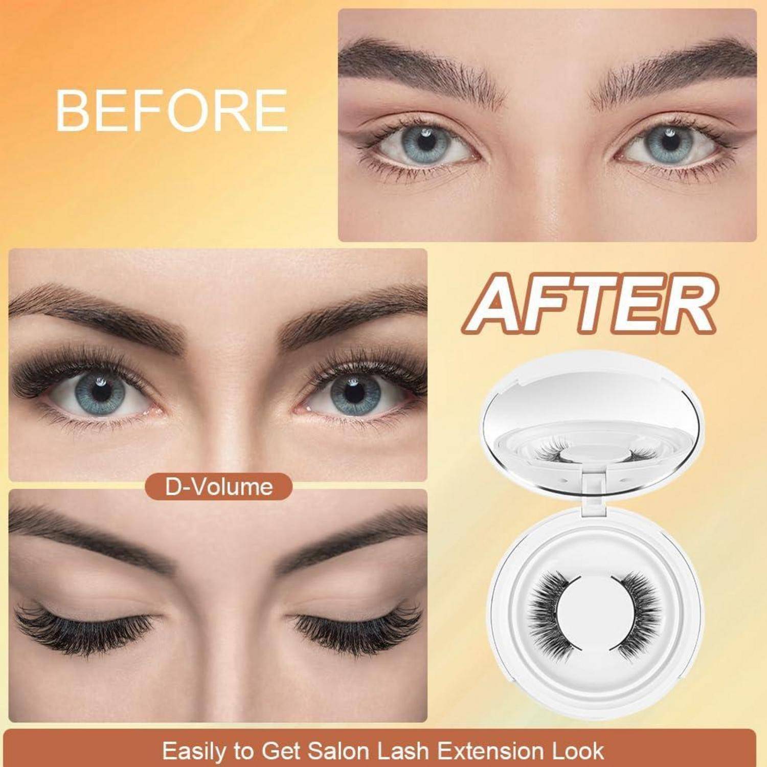 Vorher-und-Nachher-Wimpernverlängerungswerbung, die natürliche Augen im Vergleich zu volleren Wimpern mit einem Wimpernzange und dem Text 