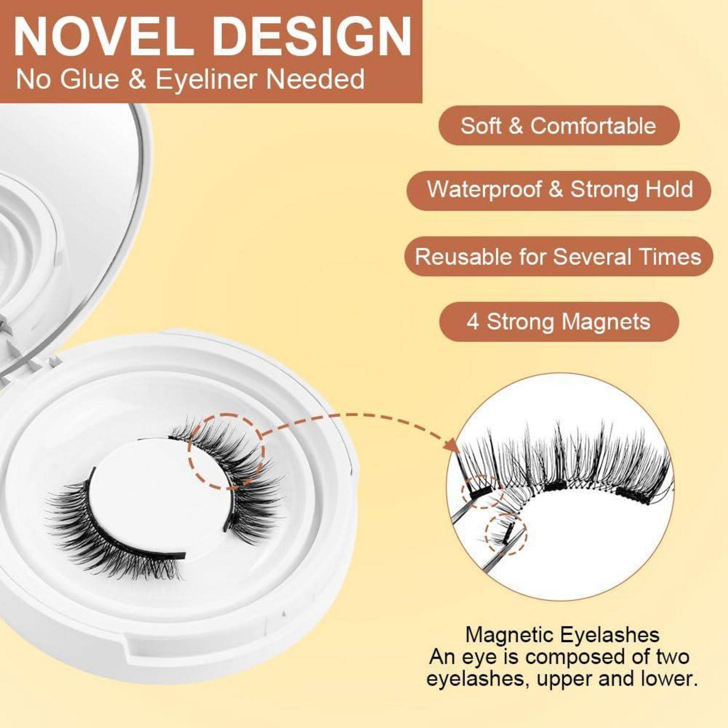 Anzeige für magnetische Wimpern in einem kompakten Etui, gekennzeichnet mit „Innovatives Design