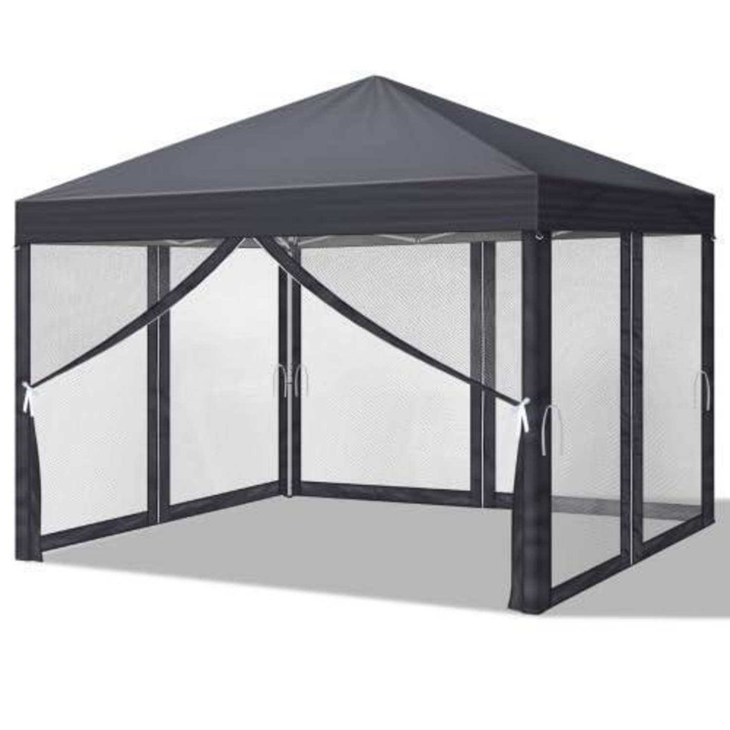 Schwarzes Außen-Pavillon-Verdeck mit Mesh-Seitenpaneelen und Reißverschluss-Öffnungen, offen auf weißem Hintergrund gezeigt.