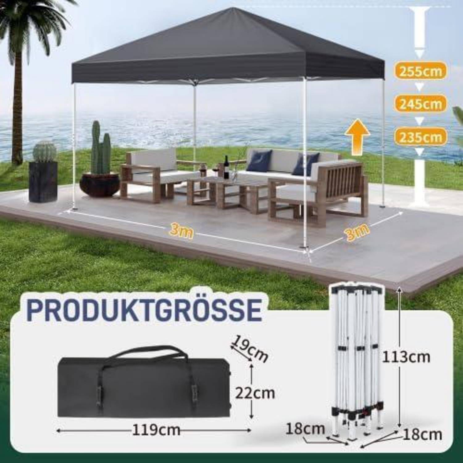 Outdoor-Popup-Pavillon, über Terrassenmöbeln aufgebaut mit Größenangaben; enthält Tragetasche im gepackten Zustand und gefaltete Rahmendimensionen.