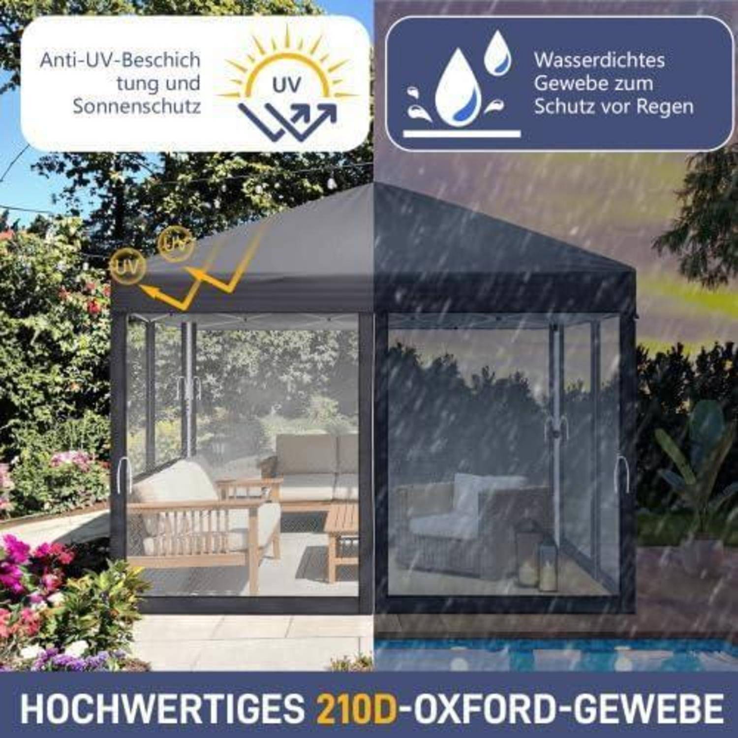 Förderbildübersicht einer Außenpavillon mit Siebdruck, die den UV-Schutz und den wasserdichten Regenschutz hervorhebt, mit der Kennzeichnung „hochwertiges 210D-Oxford-Gewebe".