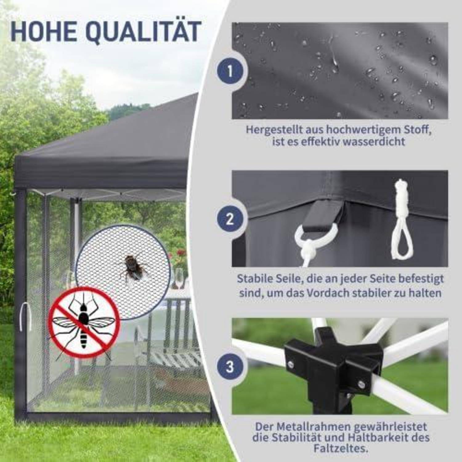 Werbebild eines Gartenpavillon mit drei Qualitätsmerkmalen: wasserdichtes Stoff, stabile befestigte Seile und ein robustes Metallgerüst.