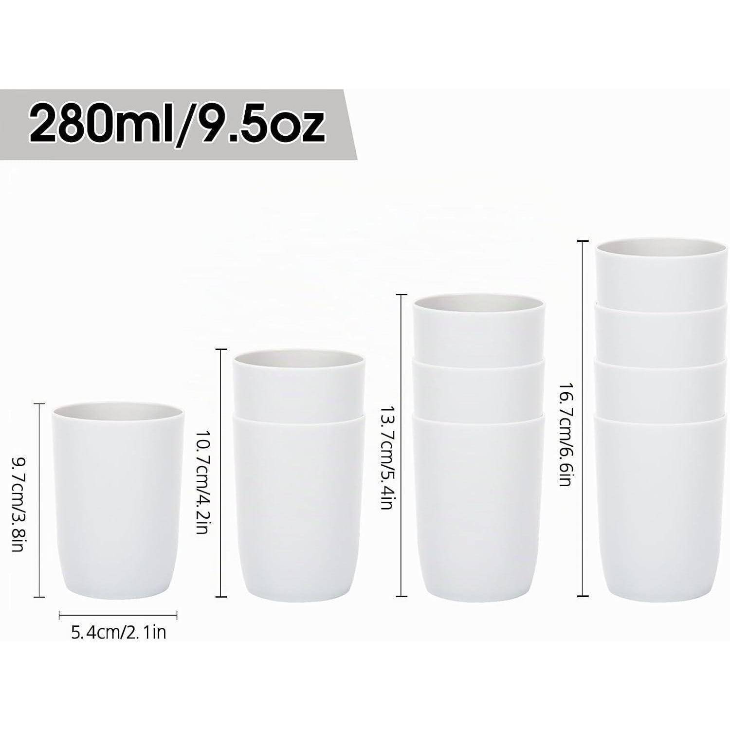 Diagramm mit vier weißen Bechern in verschiedenen Größen mit Kapazitäten und Höhen, gekennzeichnet als 280ml/9,5oz; der höchste Becher ist 16,7cm/6,6in, der kürzeste ist 9,7cm/3,8in.