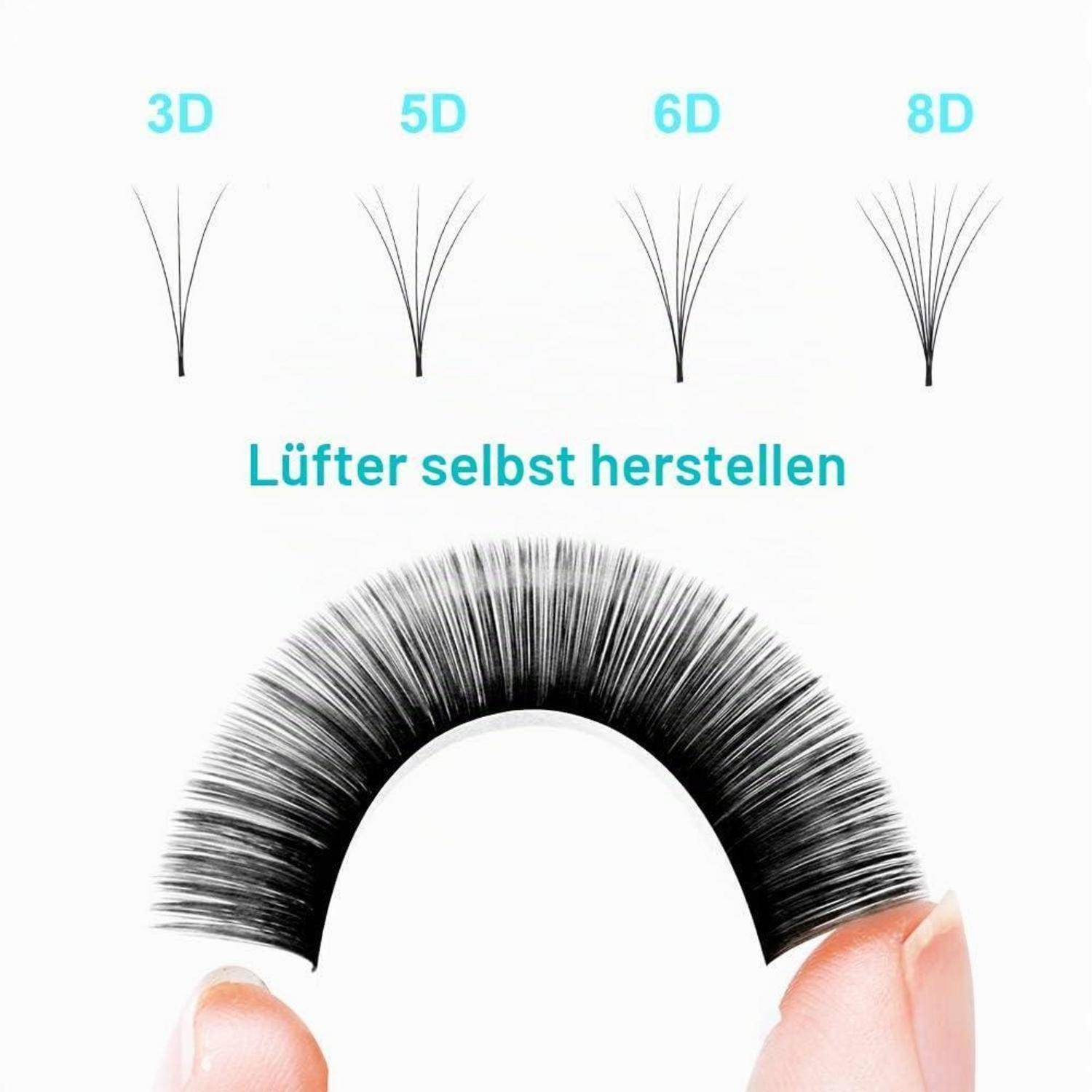 Lash-Fan-Herstellungsanleitung mit 3D-, 5D-, 6D- und 8D-Optionen über einem gebogenen Wimpernfächer mit dem Text „Lüfter selbst herstellen