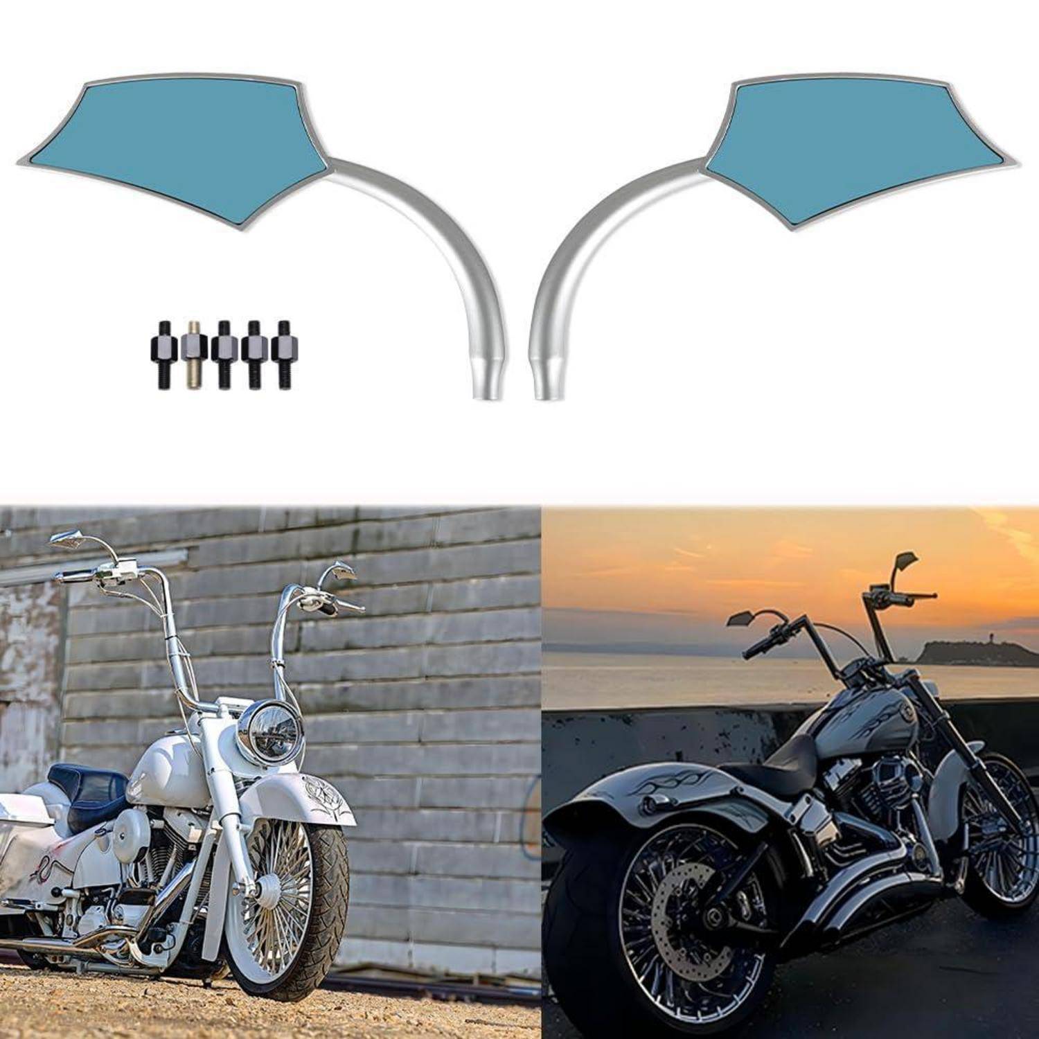 Lenker- und Spiegelset für Motorräder mit Befestigungsmaterial wie oben abgebildet, sowie zwei Beispiele von Custom-Chopper-Motorrädern unten in weißer und schwarzer Ausführung.