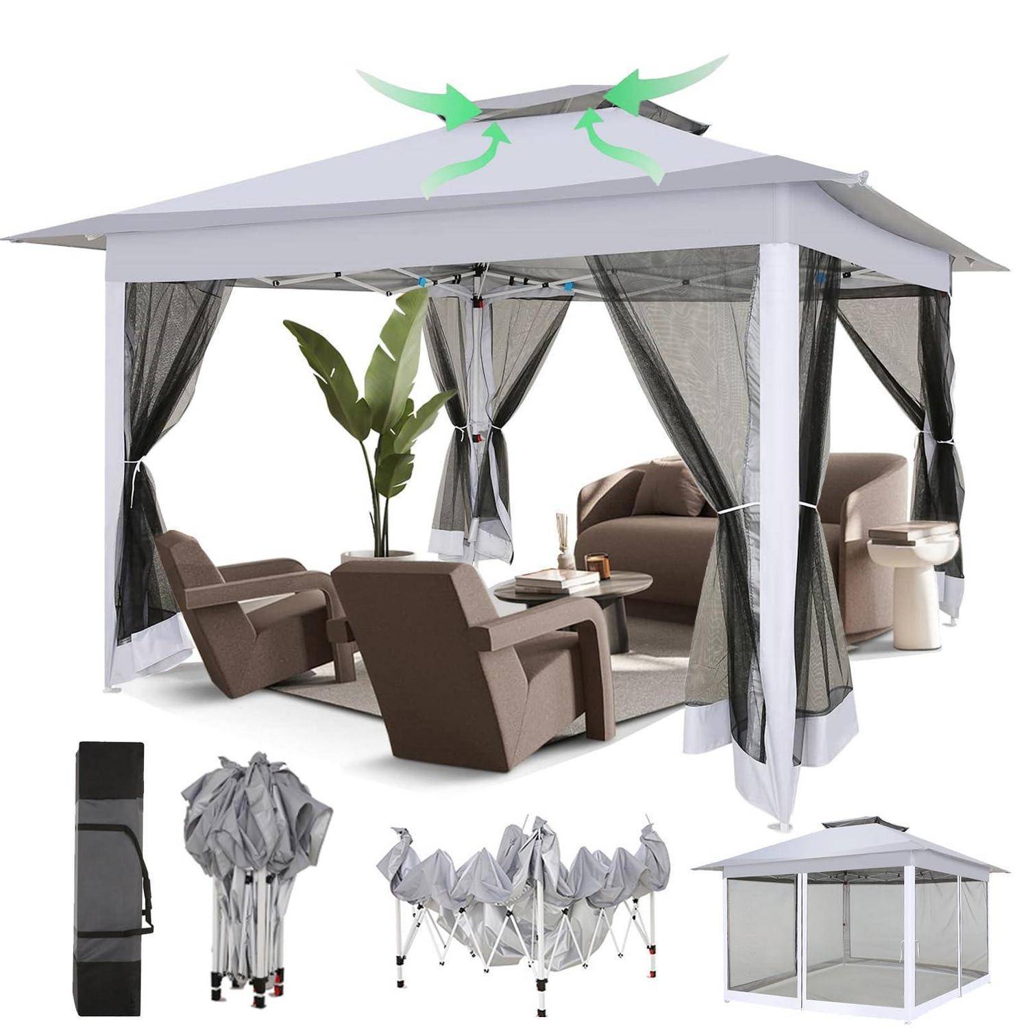 Foto eines grauen Pop-up-Gazebo-Baldachins, der mit Vorhängen und Außenmöbeln aufgestellt ist; kleinere Detailansichten zeigen ihn gefaltet, zusammengeklappt und zusammengebaut.
