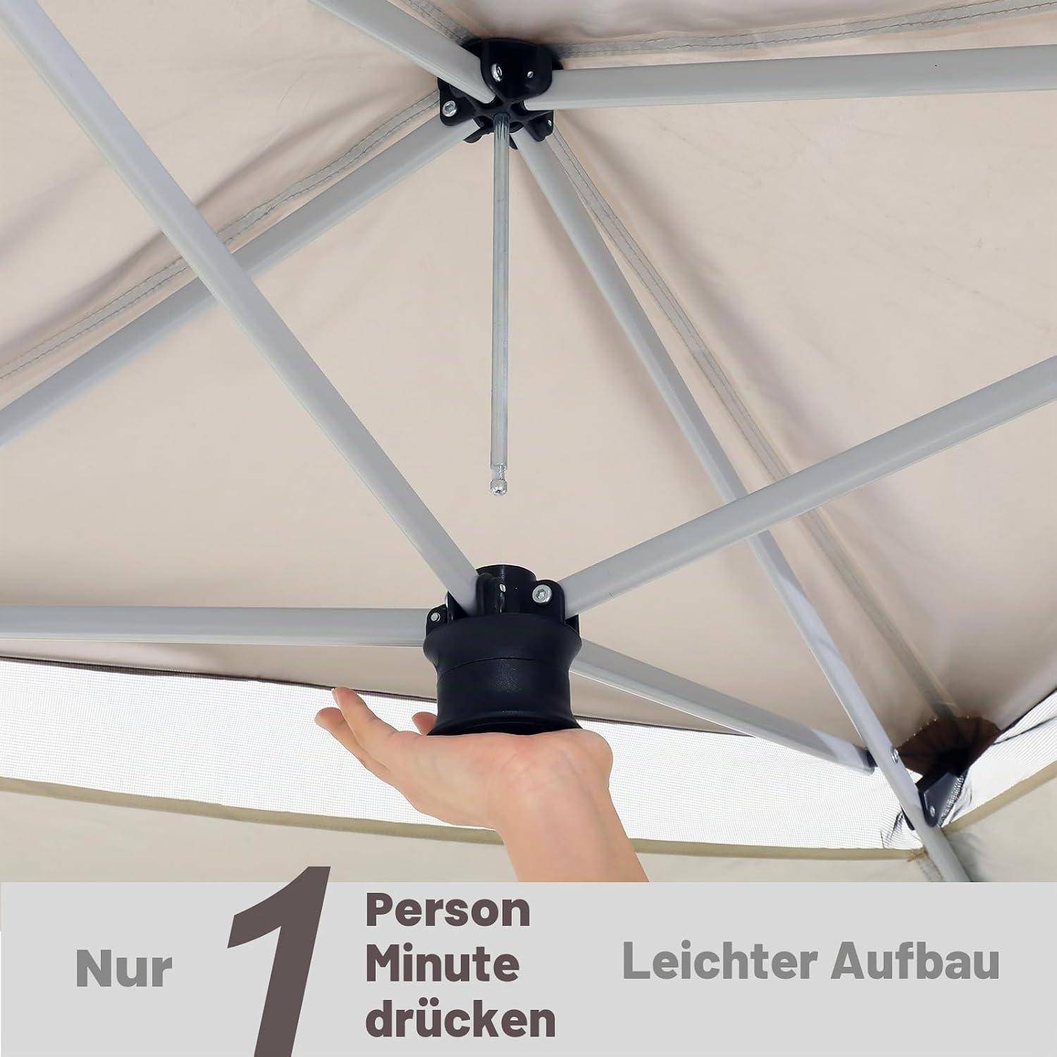 Hand drückt auf eine zentrale Baldachinnabe, mit deutschem Text, der "Nur 1 Person Minute drücken"" und ""Leichter Aufbau"" zeigt, was auf eine einfache Einperson-Montage hinweist.