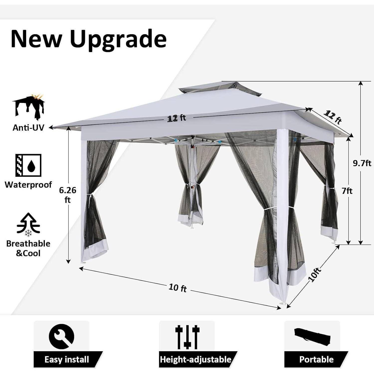 Produktgrafik einer 3,65 m × 3,05 m großen Pavillon-Markise mit Moskitonetz, gekennzeichnet mit UV-Schutz, wasserfest, atmungsaktiv und kühlend, einfache Installation, höhenverstellbar und tragbar.