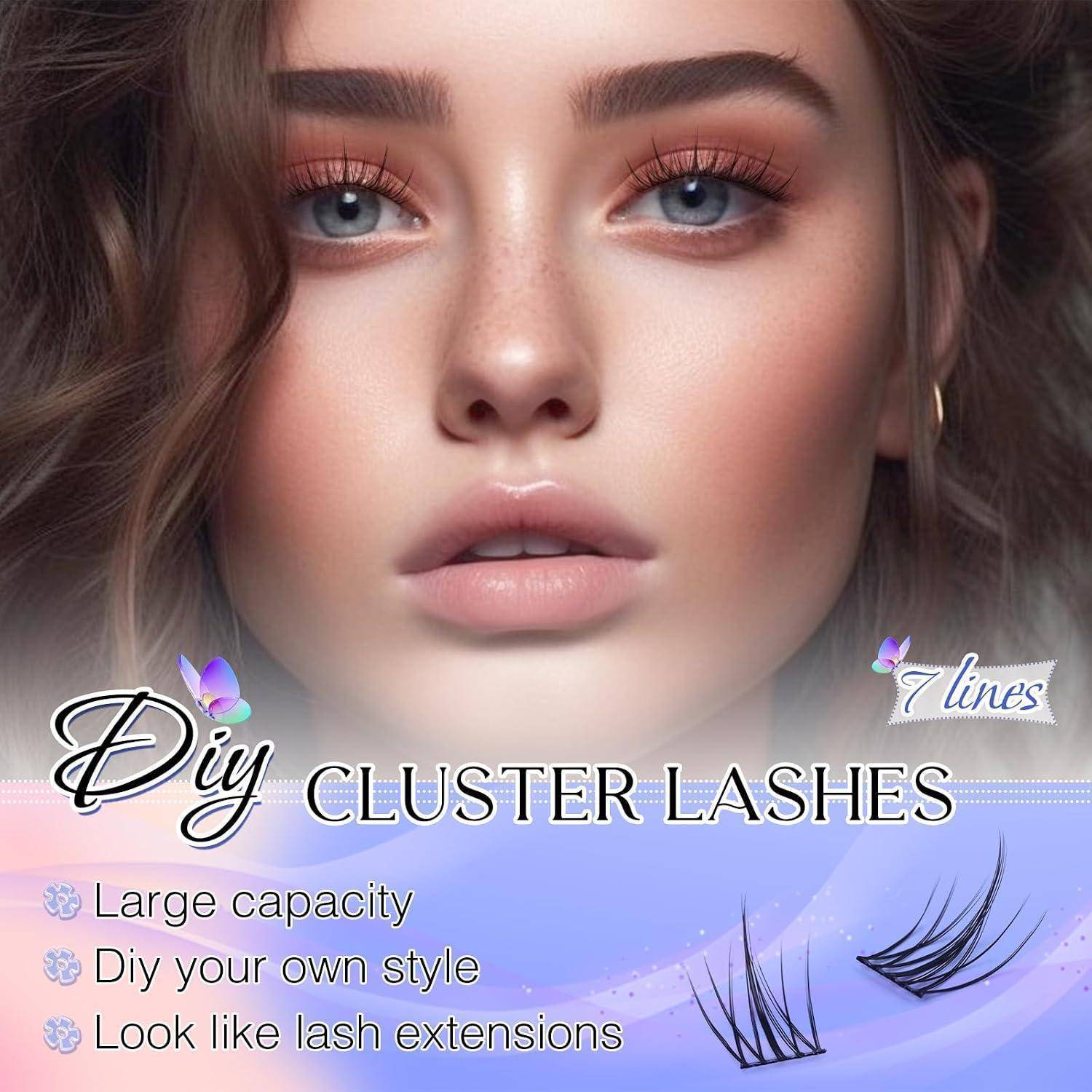 Werbebild eines Frauengesichts mit Text „DIY CLUSTER LASHES