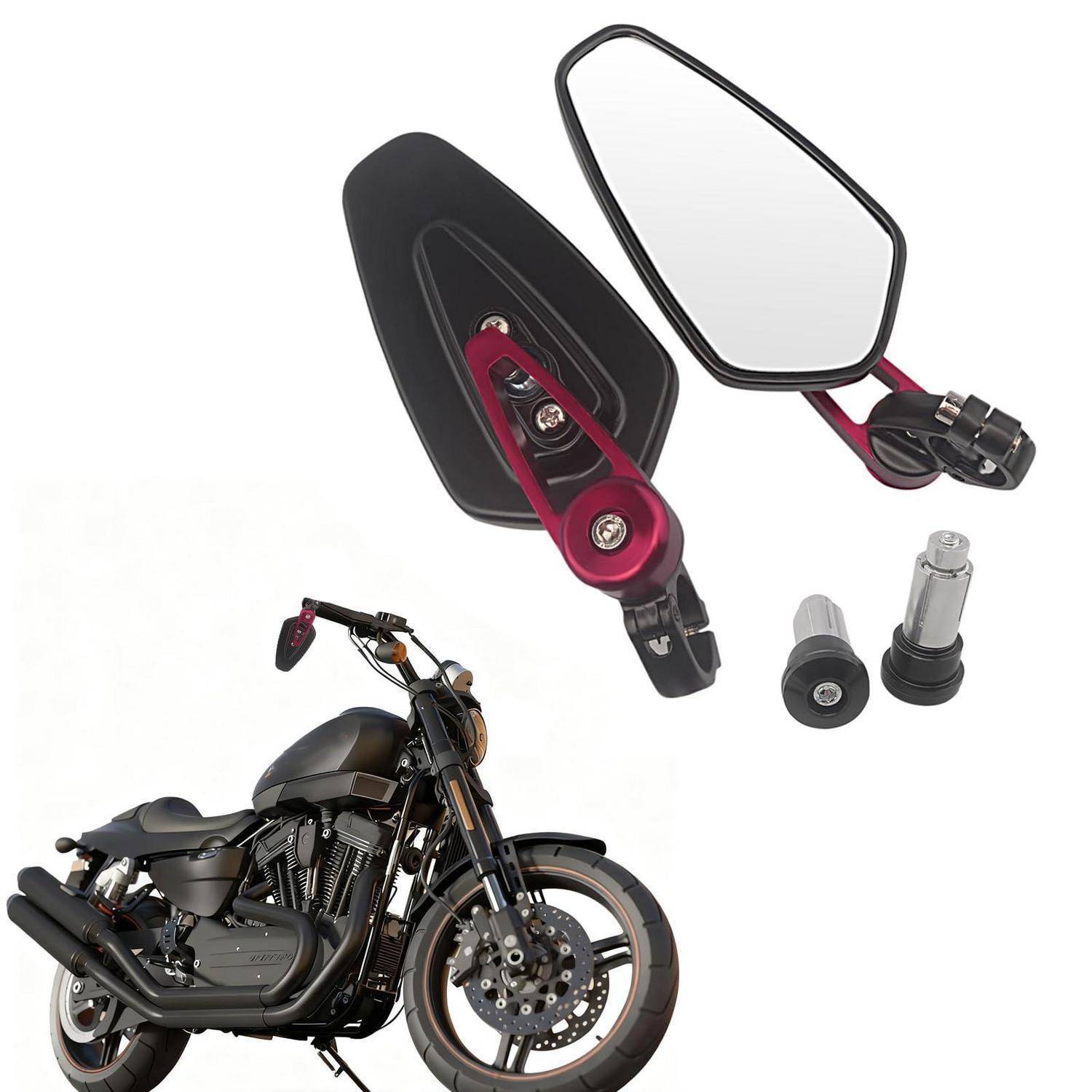 Motorrad-Seitenspiegel- und Befestigungskit mit schwarzen und roten Komponenten, gezeigt mit einem Cruiser-Motorrad als Referenz für die Passung.