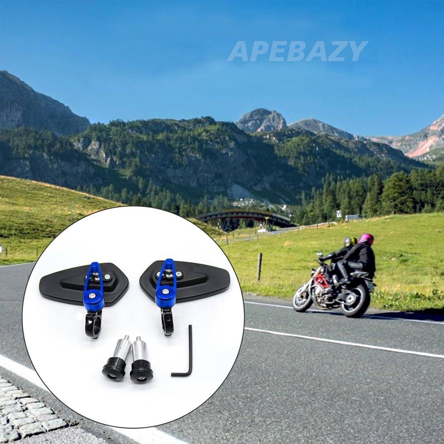 Motorradfahrer auf einer Bergstraße unterwegs, mit einem Einsatz, das blaue Motorrad-Lenkerklemmzubehör und Befestigungshardware zeigt.