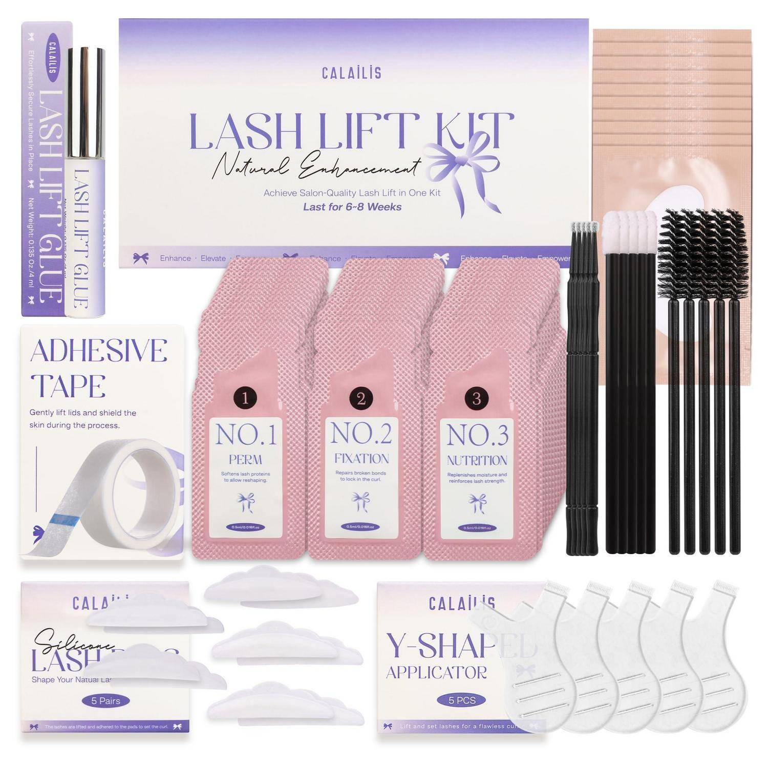Pink CALAILIS Wimpernlifting-Set mit Schachttel, Klebeband, Silikonschilde, Y-förmigen Applikatoren, Bürsten und Dauerwellen-, Fixierungs- und Nährstoff-Sachets.
