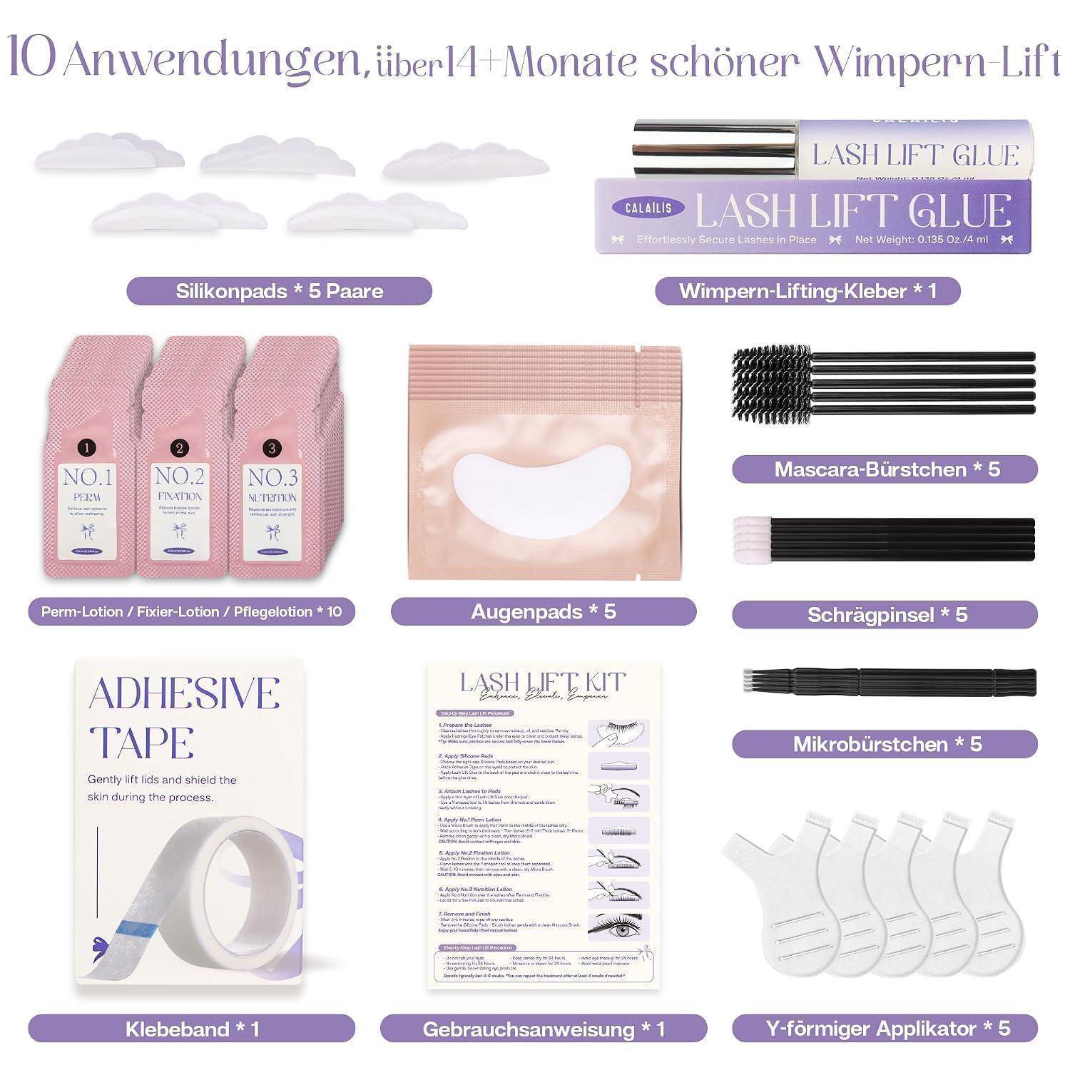 Infografik mit 10 Wimpernlifting-Set-Artikeln und Mengen: Silikonpads, Kleber, Lifting-Lotionen, Augenpads, Mascara und Reinigungsbürsten, Klebeband, Anleitung und Y-förmige Applikatoren.