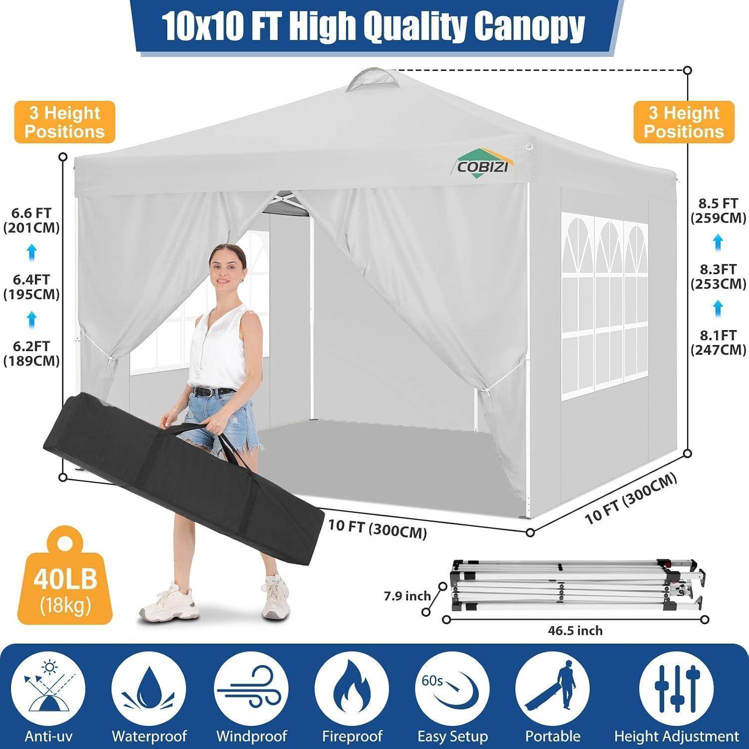 10x10 ft Baldachindach mit 3 Höhenpositionen, 40 lb Gewicht, 60-Sekunden-Aufbau und Funktionen für UV-Schutz, Wasserfest, Windfest, Feuerfest, Portabilität und Höhenverstellung.