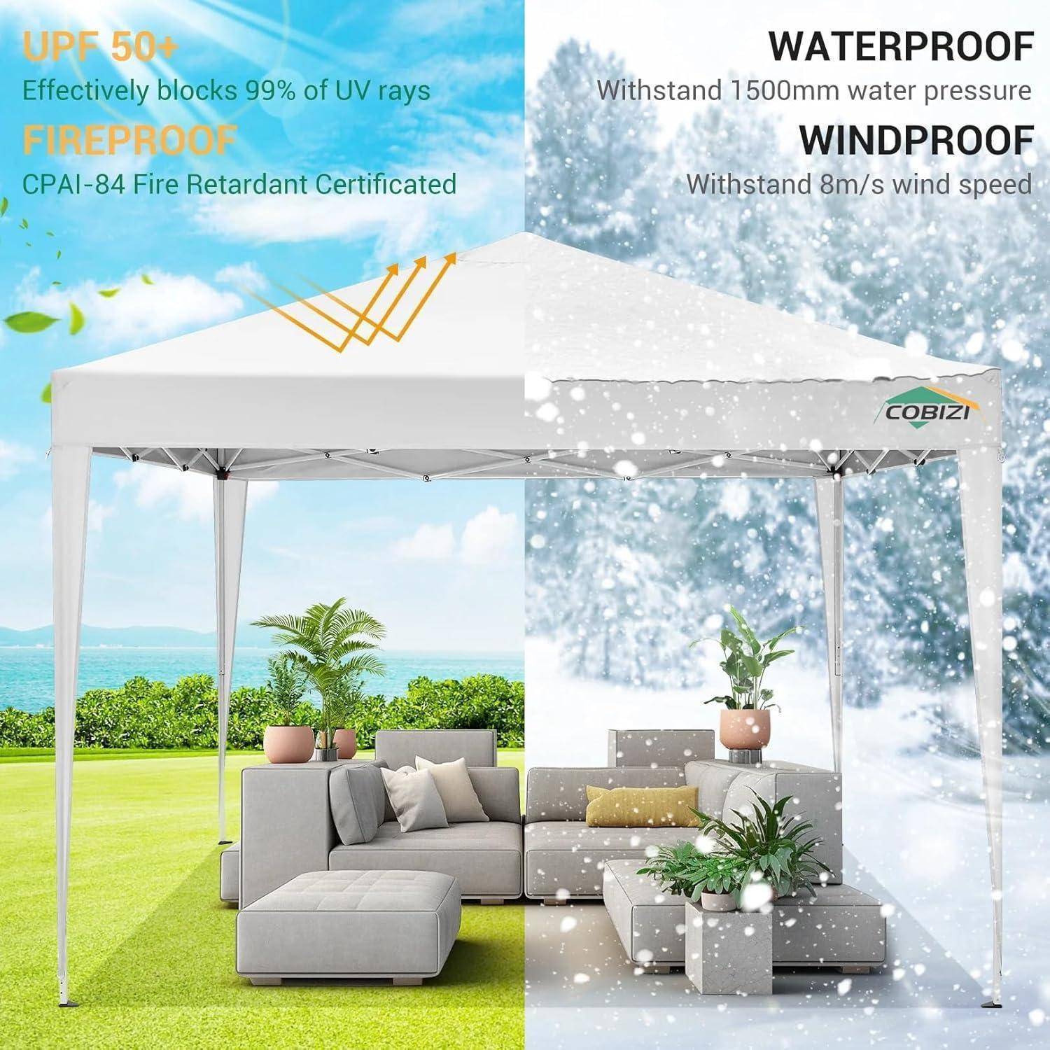 Werbebild einer weißen Outdoor-Pavillon-Markise mit Terrassen-Sofa und Pflanzen, gekennzeichnet mit "UPF 50+"", ""FEUERGESCHÜTZT"", ""WASSERDICHT"" und ""WINDDICHT"".