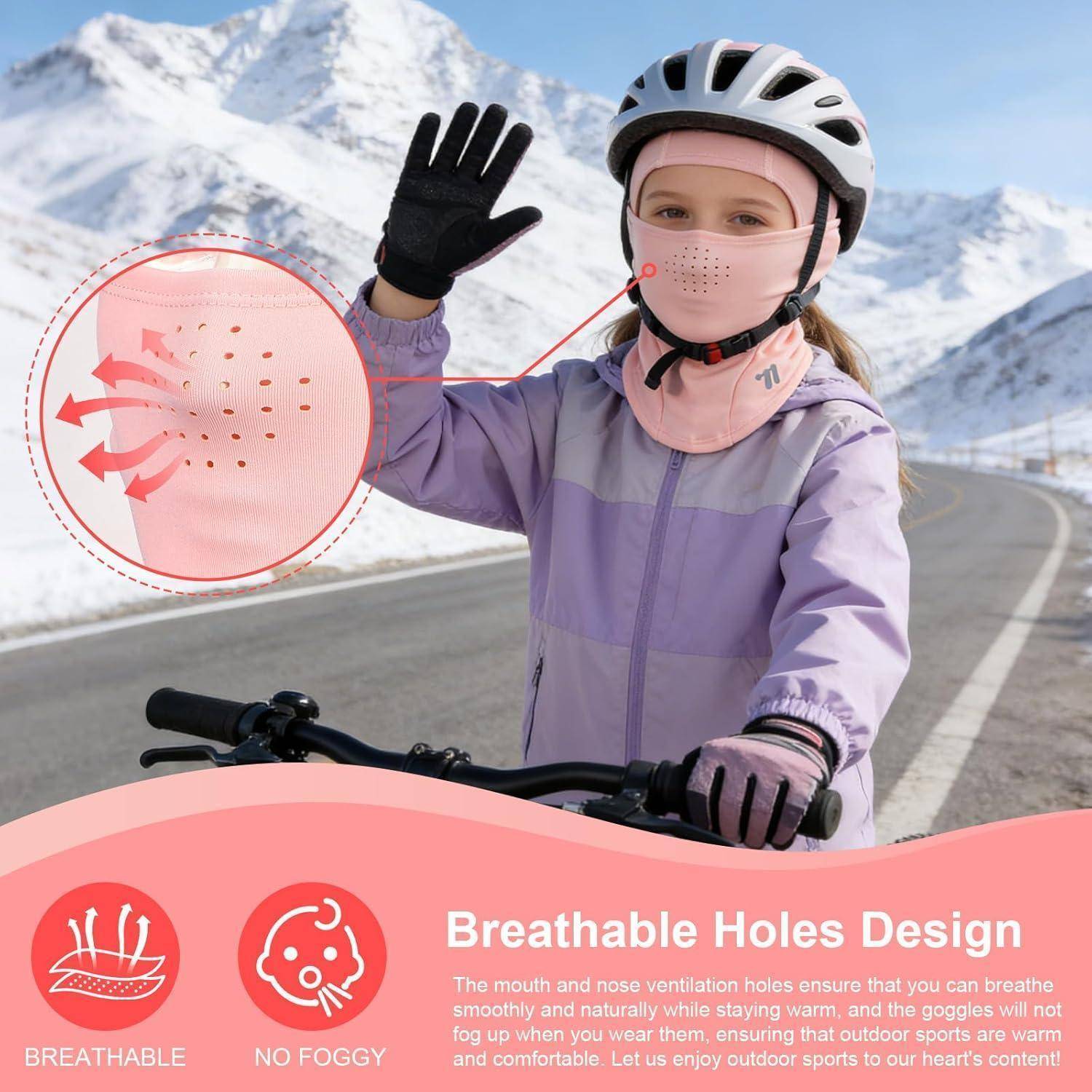 Kind auf einem Fahrrad mit Helm und rosa Gesichtsmaske mit Belüftungslöchern; eingefügte Grafik und Text sagen 