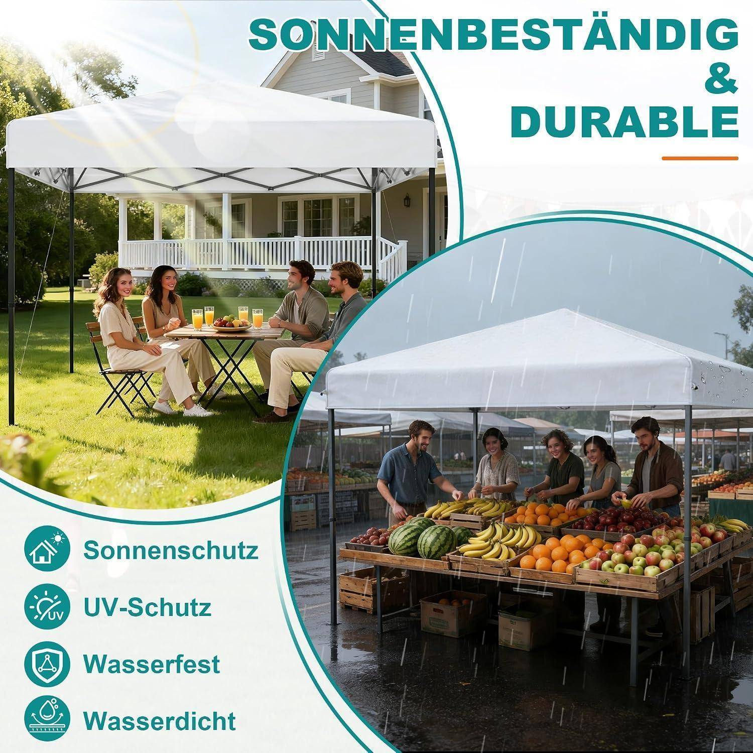Werbebild eines weißen Pop-Up-Zelts über Outdoor-Versammlungen, beschriftet mit "SONNENBESTÄNDIG & DURABLE"" und ""Sonnenschutz, UV-Schutz, Wasserfest, Wasserdicht"".