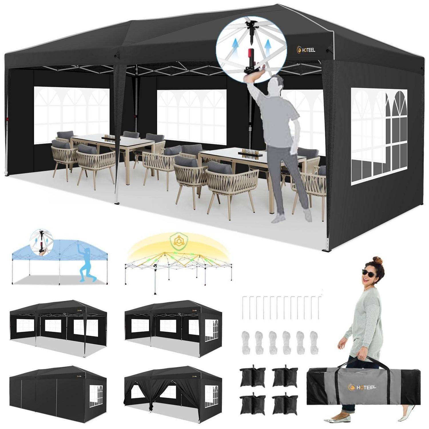 Schwarzes Outdoor-Baldachindach mit verglaster Seitenwand, Tische und Stühle darin, nebst eingefügter Diagrammen, welche die Aufbaufunktionen und die enthaltene Tragetasche zeigen.