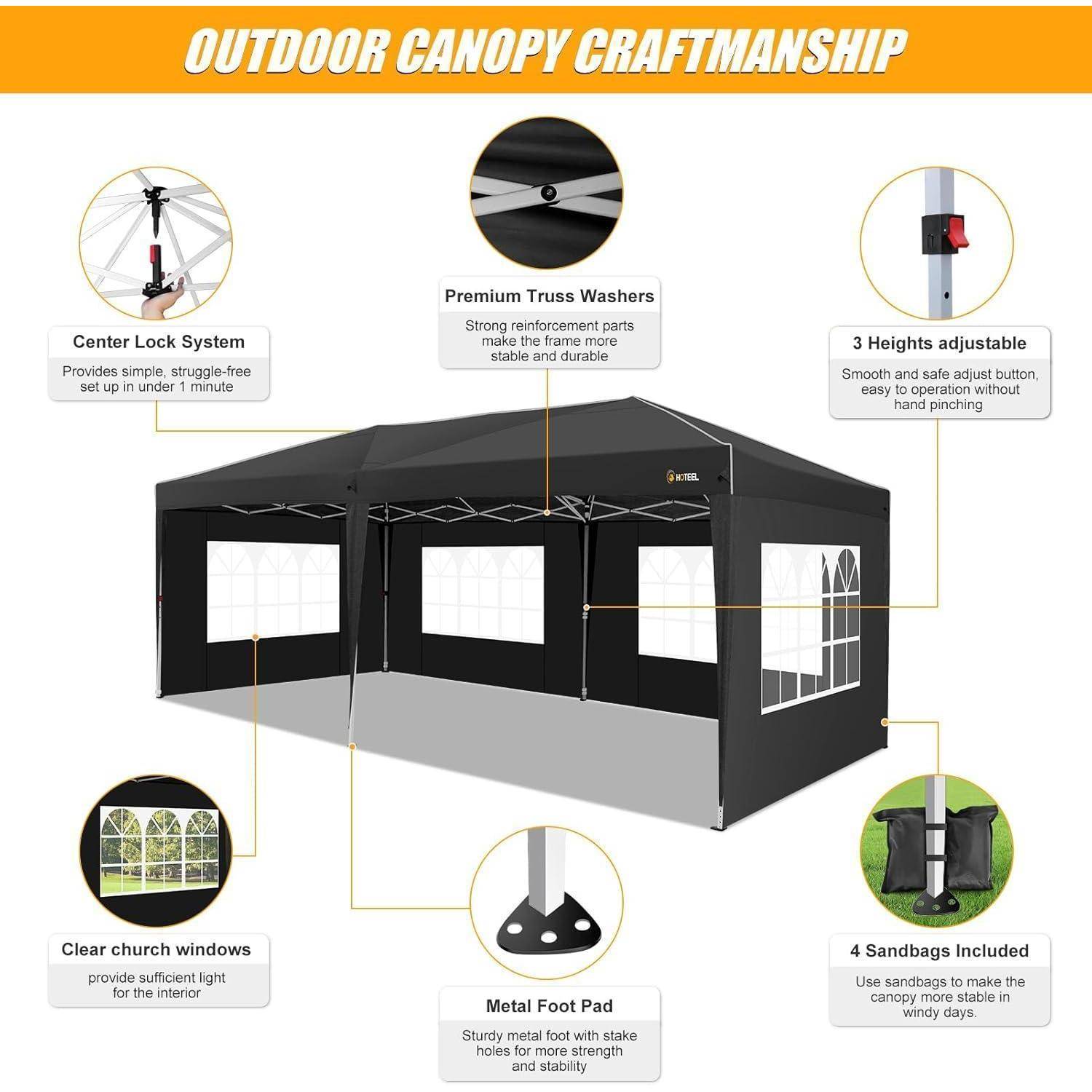 Diagramm eines schwarzen Outdoor-Pavillon-Zeltes mit der Bezeichnung „OUTDOOR CANOPY CRAFTSMANSHIP