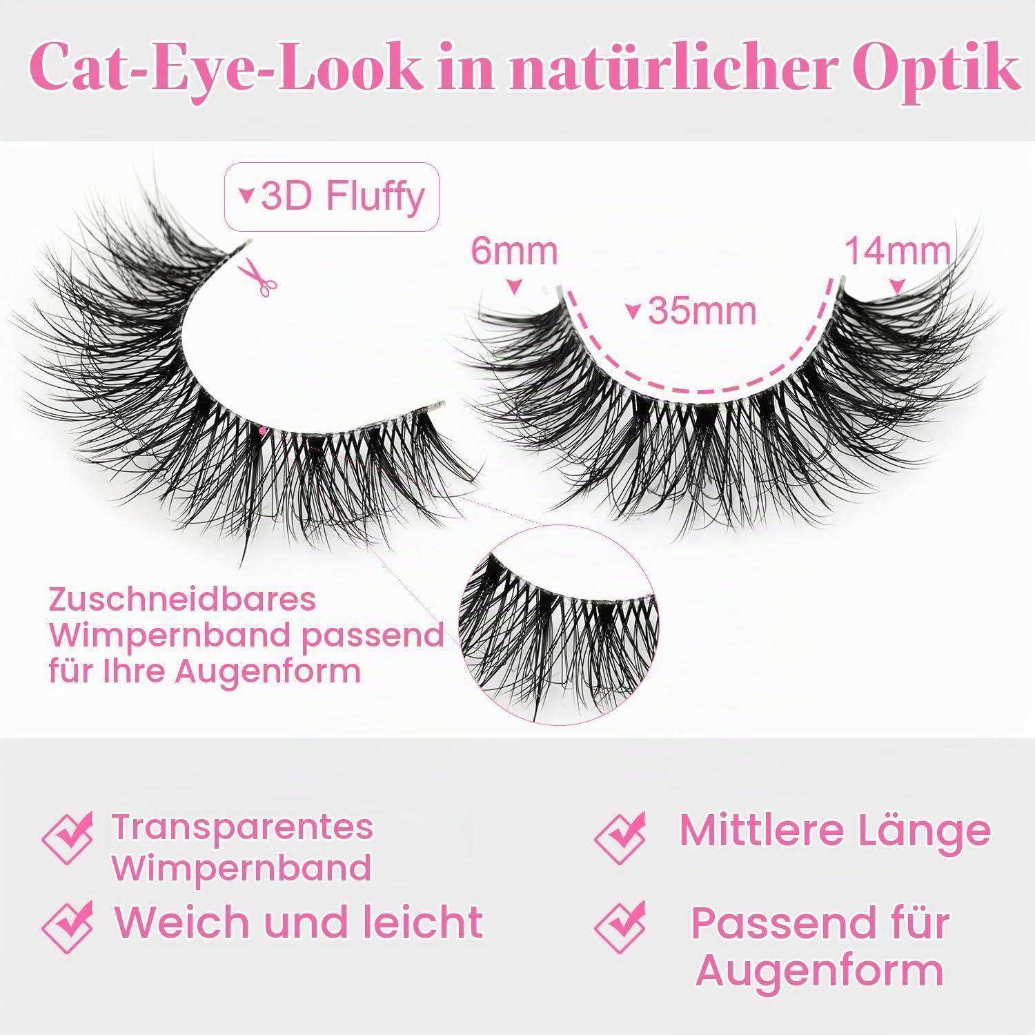 Anzeige für 3D flauschige Katzenauge falsche Wimpern im natürlichen Look, mit Wimpernlängenbeschriftungen 6mm, 35mm und 14mm, mit folgenden Eigenschaften: transparentes Band, weich, leicht und an die Augenform anpassbar.