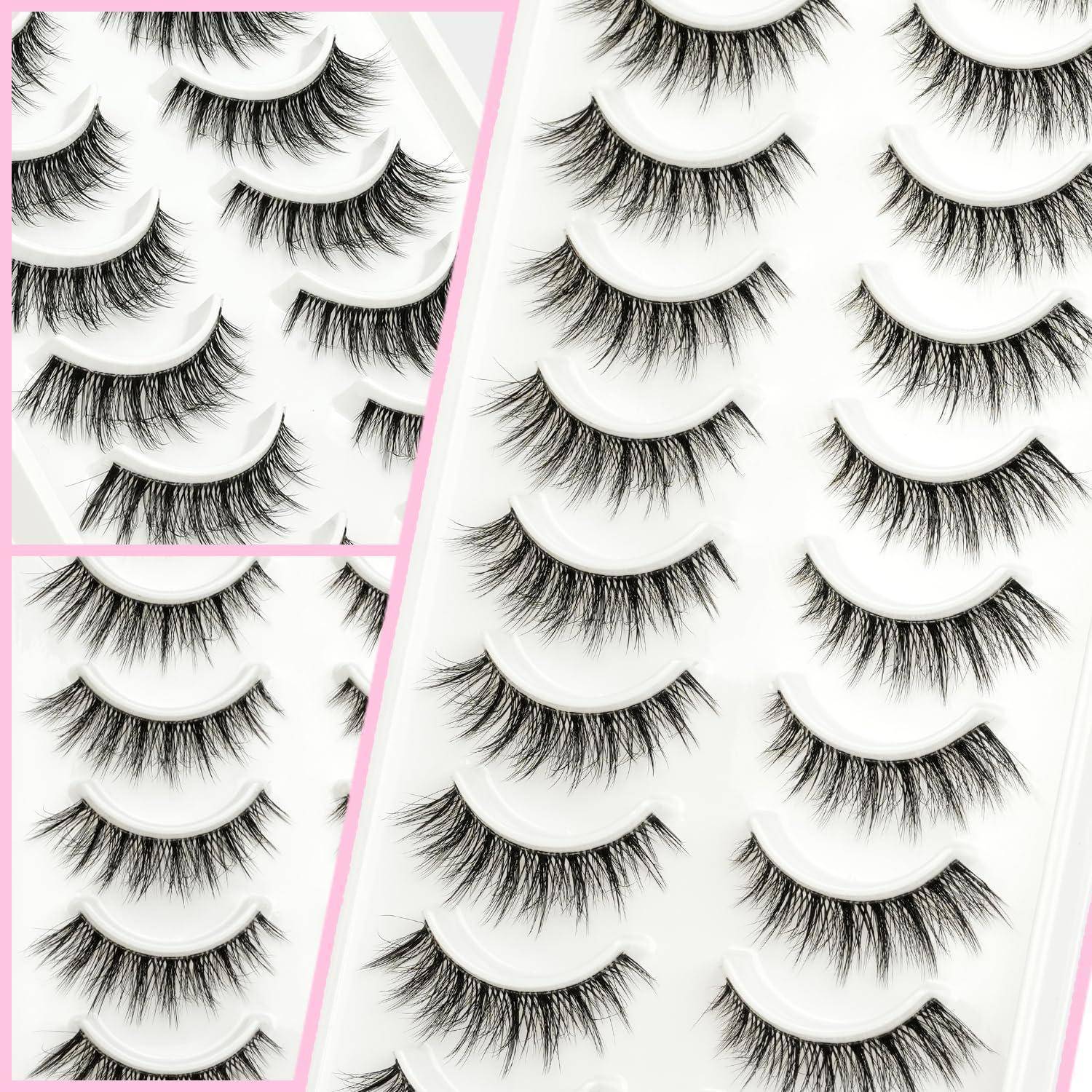 Collage von vier Stilen von künstlichen Wimpernstreifen, die auf weißen Tabletts mit rosa Rändern präsentiert werden.