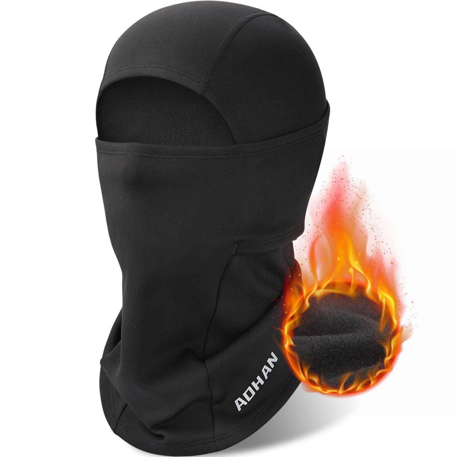 Schwarze Wärme-Sturmhaube mit Gesichtsmaske und vollständiger Kopfbedeckung, dargestellt mit Flammen-Grafik, die feuerfeste oder isolierende Wärmeeigenschaften anzeigt.