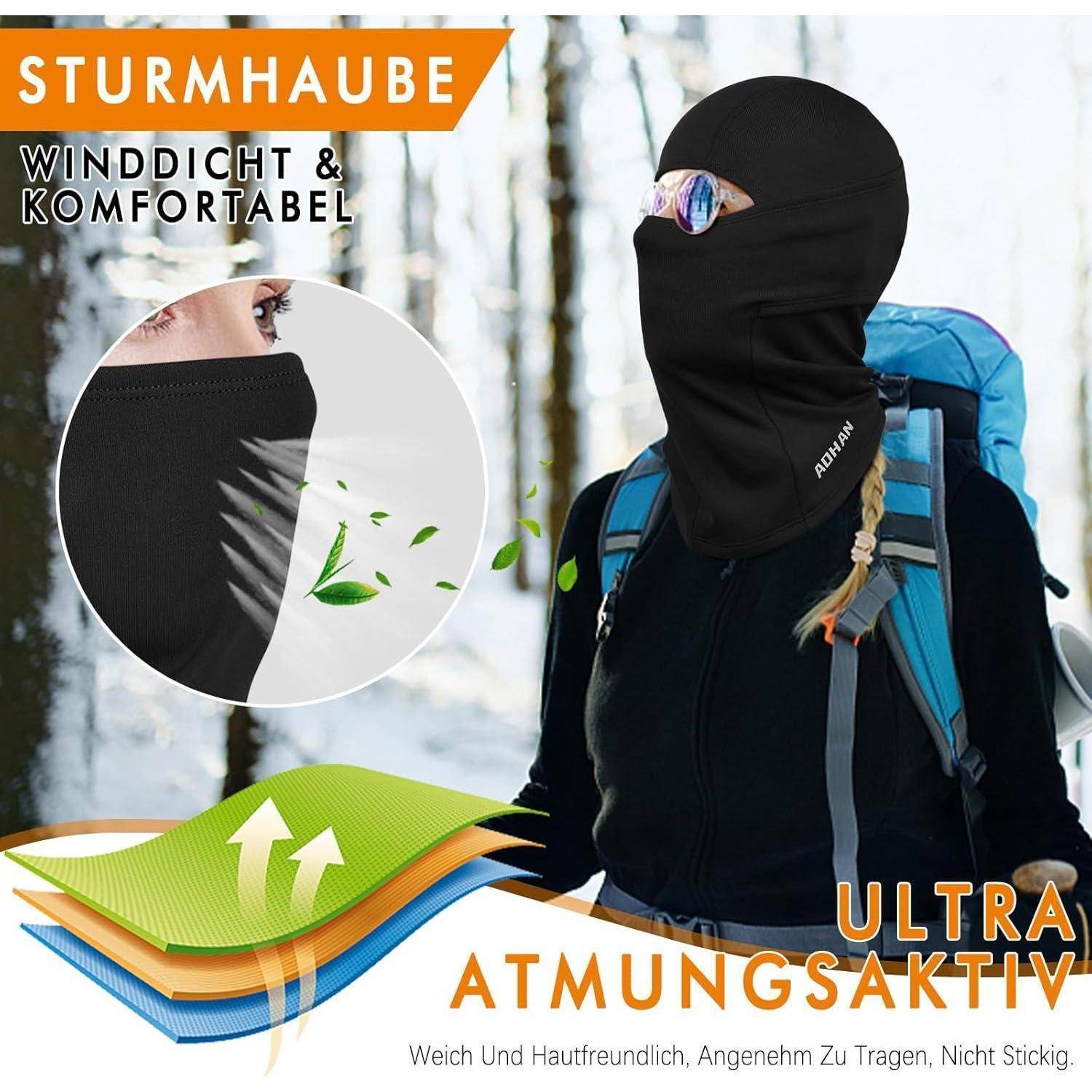 Anzeige für eine schwarze Balaclava-Skihaube auf einem Wanderer, gekennzeichnet mit 'STURMHAUBE', 'WINDDICHT & KOMFORTABEL' und 'ULTRA ATMUNGSAKTIV', die atmungsaktiven, windundurchlässigen Komfort hervorhebt.