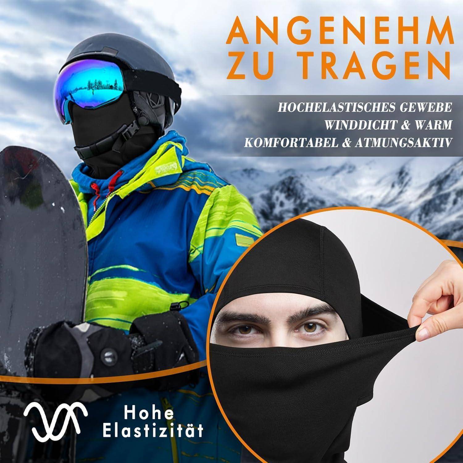 Wintersporthose mit einem Snowboarder und Nahaufnahme einer Gesichtsmaske; deutscher Text bewirbt ein enganliegendes, windundurchlässiges, warmes, atmungsaktives hochelastisches Gewebe.