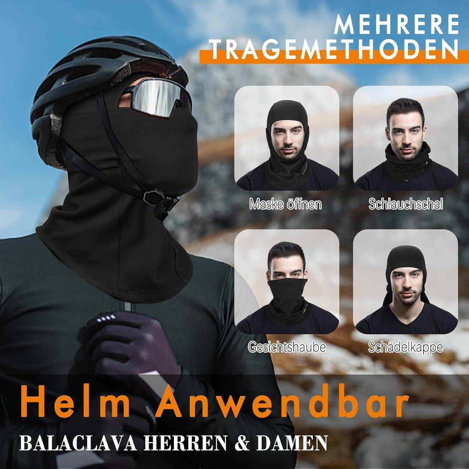 Helmutkompatible Sturmhaube an einem Modell, mit vier getragenen Methoden gezeigt: Gesicht offen, Nackenra, Gesichtsbedeckung und Schädelmütze.
