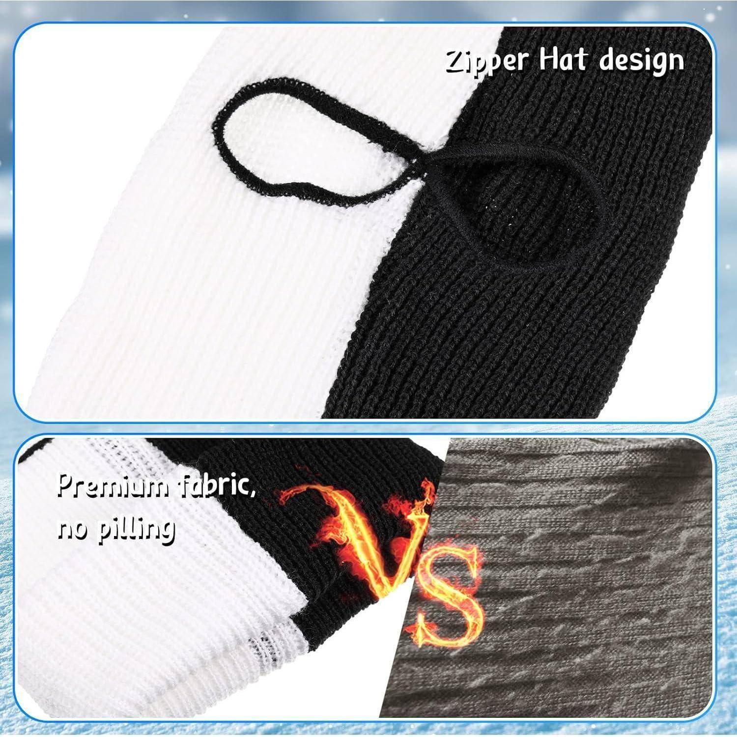 Vergleichswerbung mit einem gestricktem Reißverschluss-Hutdesign in Weiß und Schwarz, mit vergrößertem Text, der Premium-Stoff, kein Pilling und strukturiertes Material hervorhebt.