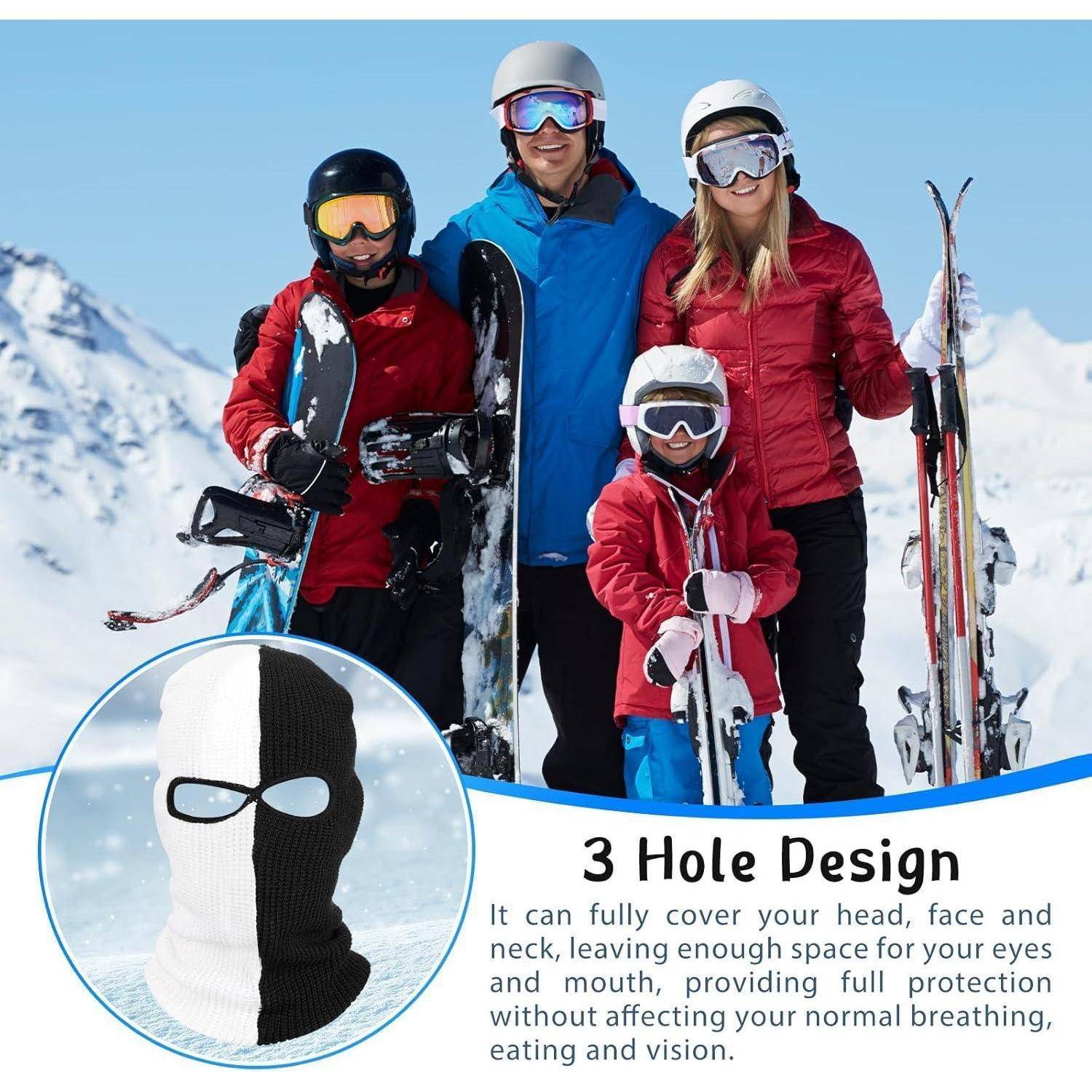 Familie von vier Personen in Skiausrüstung auf einem verschneiten Berg, mit Vergrößerung einer schwarz-weißen 3-Loch-Skimaske und Text „3-Loch-Design
