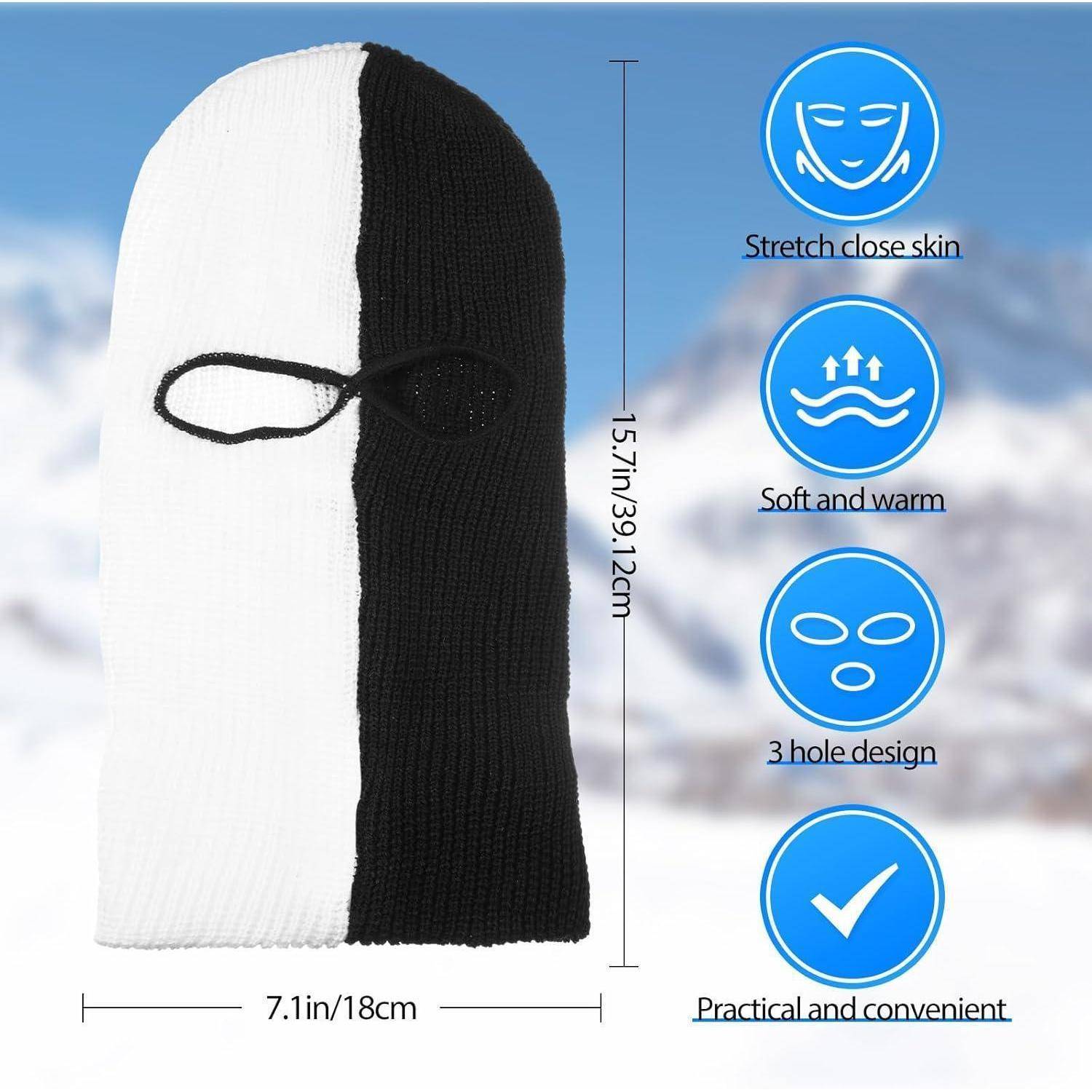 Schwarz-weiße Strickbalaklavas in Vorderansicht, mit einer Größe von 15,7 Zoll Höhe und 7,1 Zoll Breite, mit hervorgehobenen Merkmalen: hauteng dehnbar, weich und warm, 3-Loch-Design, praktisch und bequem.